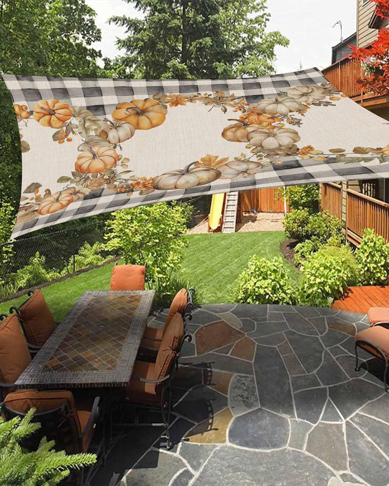 Fall Thanksgiving Outdoor Patio Sun Shade Sail 6.5' x 10' Rectangle Waterproof Sun Sail Shades UV Block Sunshades Vintage Autumn Pumpkin Leaf Black White Buffalo Check Patio Shade for Backyard Garden