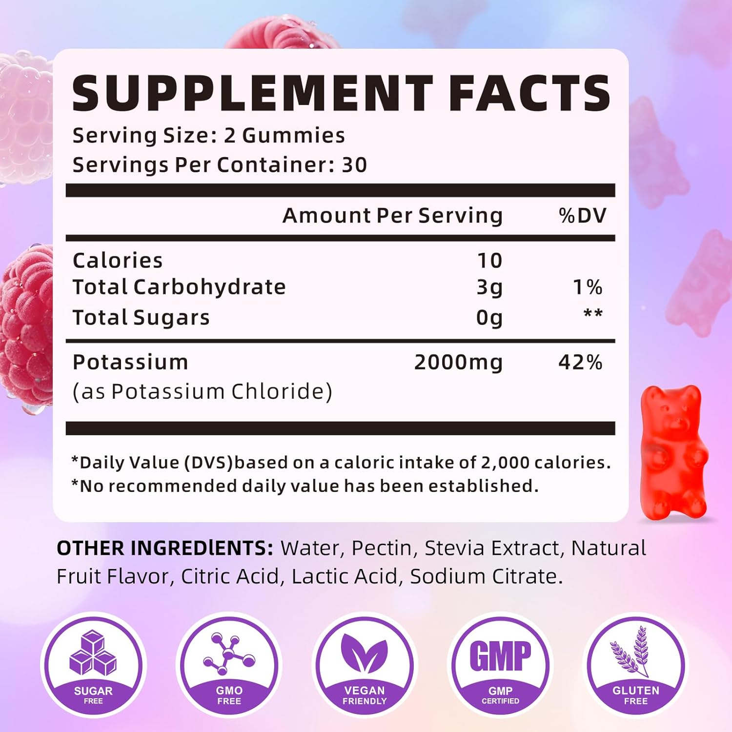 Potassium Gummies for Women & Men, High Dose 2000mg Potassium Chloride Supplement Gummies for Leg Cramps & Electrolyte Balance, Vegan/Sugar-Free/Gluten Free, Raspberry Flavor 120 Count - Image 2