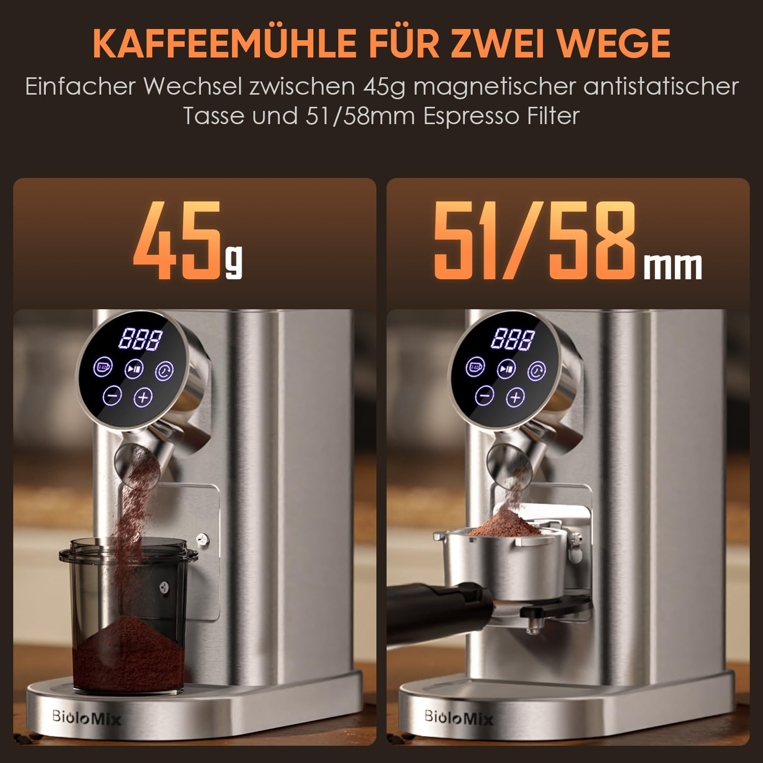 Moulin à Café Électrique Professionnel Biolomix avec Broyeur Conique 48 Réglages de Mouture,Compatible Portafiltres 51-53mm 58mm, Conteneur Anti-Adhésif et Mémoire Intelligente (CG210-2-EU) | Pour 1 à 12 tasses avec minuterie tactile numérique et tasses,