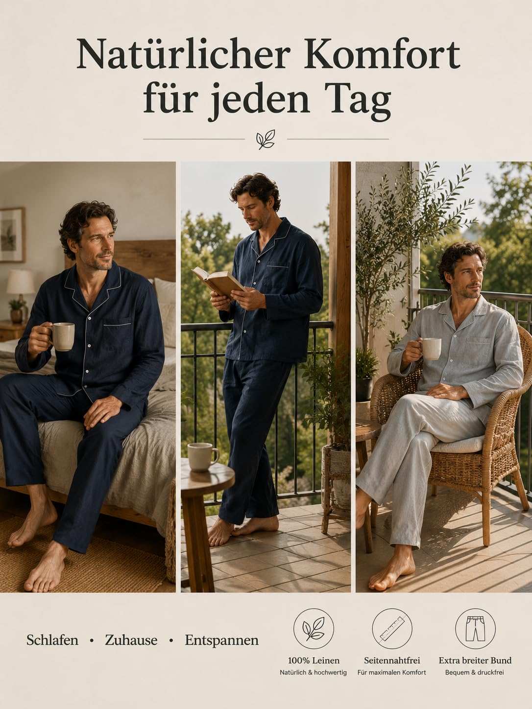 RAKUYUME Herren Schlafanzug Set aus Reinem Leinen, Langarm Pyjama mit Knopfleiste und Reverskragen, Grau, Atmungsaktiv, Elastischer Bund, Frühling Herbst (DE/NL/SE/PL, Alphanumerisch, M, Dunkelblau)