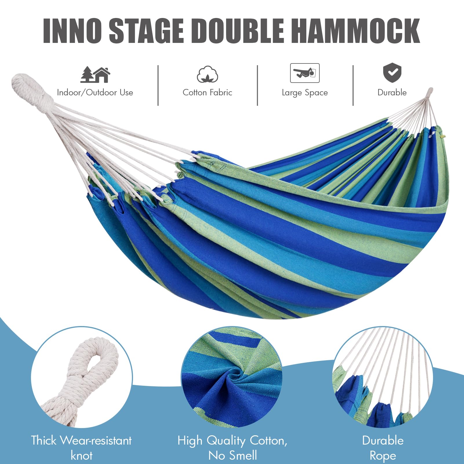 Hamaca para 2 personas con correas de árbol, hamaca doble brasileña, cama de camping portátil colgante para patio, patio, porche, uso en exteriores e interiores, hamaca de algodón suave con bolsa de
