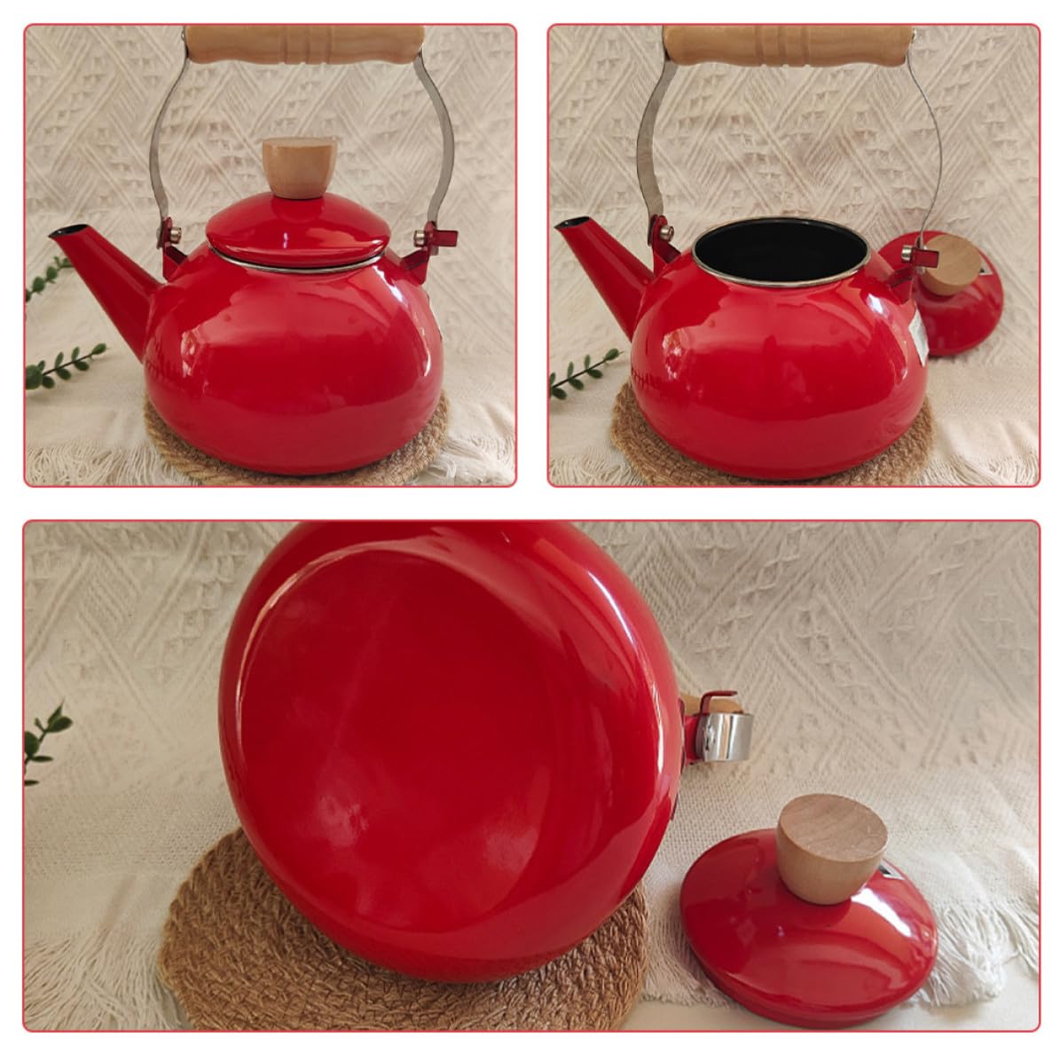 Tetera de Esmalte Roja de 1,5 L para Cocina y Preparar Té