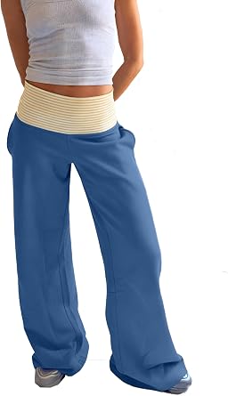 Womens Boho Trendy Low Rise Sweatpants Baggy Straight Wide Leg Fold Over Waist Going Out Pants with Pockets