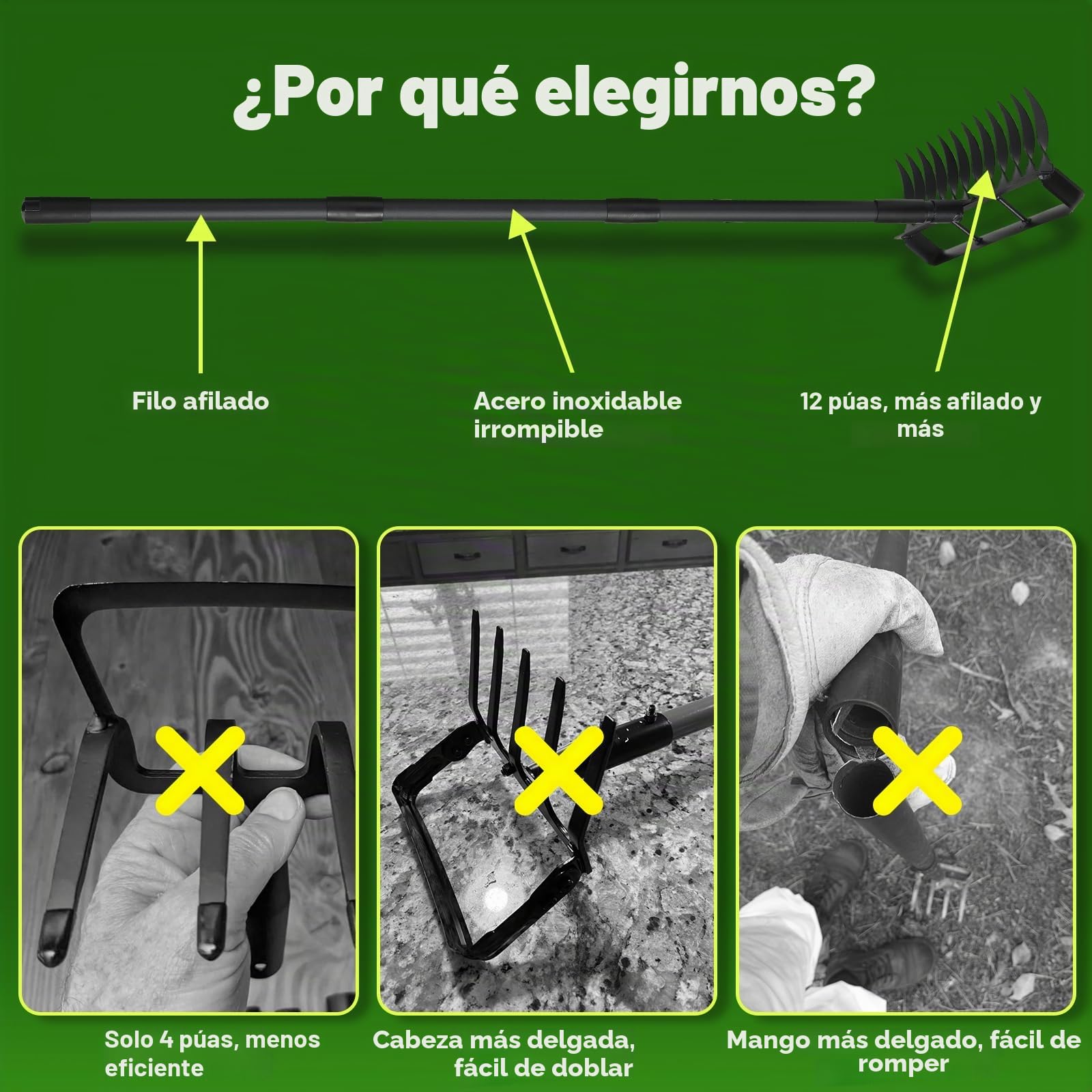 Herramienta de jardín azada 2 en 1, cultivadores de 12 dientes para jardinería, herramienta extractora de malas hierbas con mango largo de 193 cm para jardinería, deshierbe, siembra, excavación
