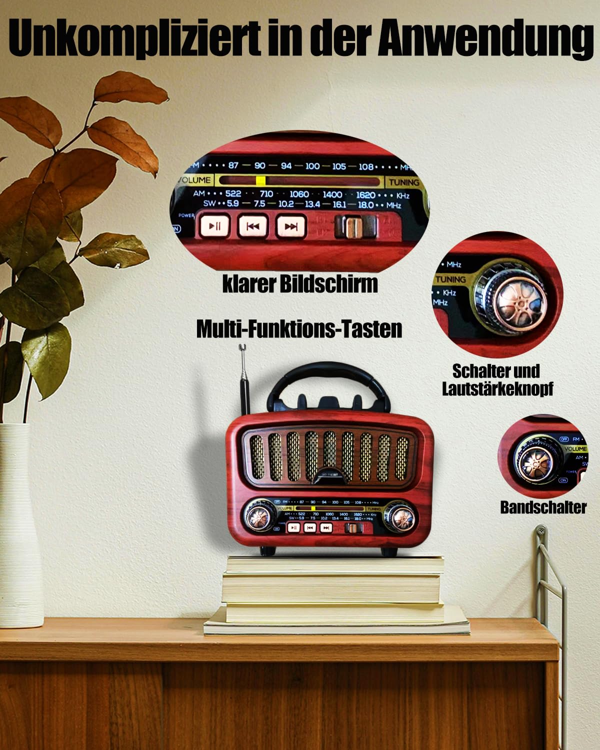 Retro Radio mit Bluetooth, AM/FM/SW Tragbares Radio Klein 5W großer Lautsprecher und Bluetooth 5.0, UKW Lautsprecher Batteriebetrieben unterstützt USB/TF/AUX Funktion (Rot)