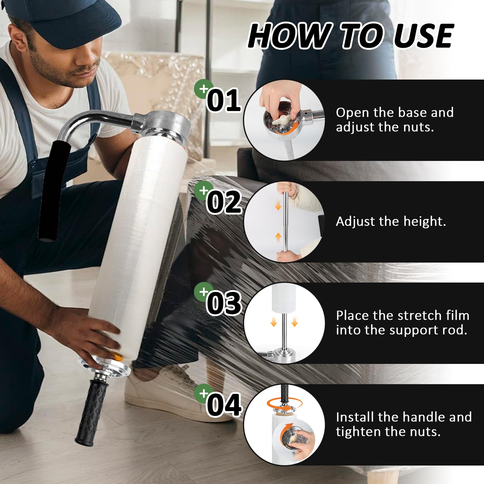 Stretchfolienspender, Metall Manueller Stretchfolienabroller, Einstellbare Höhe 30-50cm,Stretchfolienspender für 12" -20" Folienrollen für Verpackung Möbeln/Anderen Großen Gegenständen