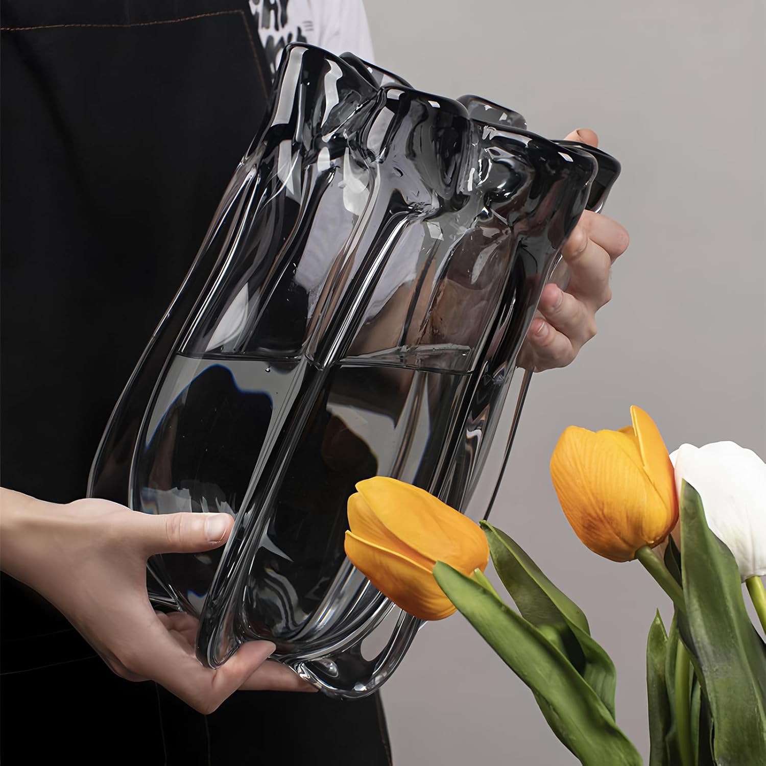Modern Black Advanced Grey Glass Vase for Flowers, Hand Blown Art Glass Glass vase,Room Decoration and Centerpiece