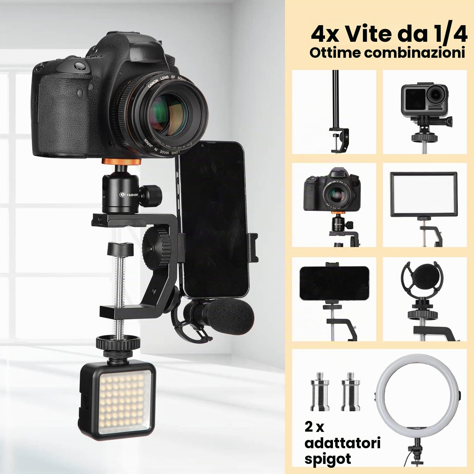 TARION C Supporto a morsetto Supporto da scrivania per fotocamera con testa a sfera e asta di prolunga regolabile da 33-60 cm per Vlogging Live Stream Photo Studio Light Photography Filming(TR-CS)