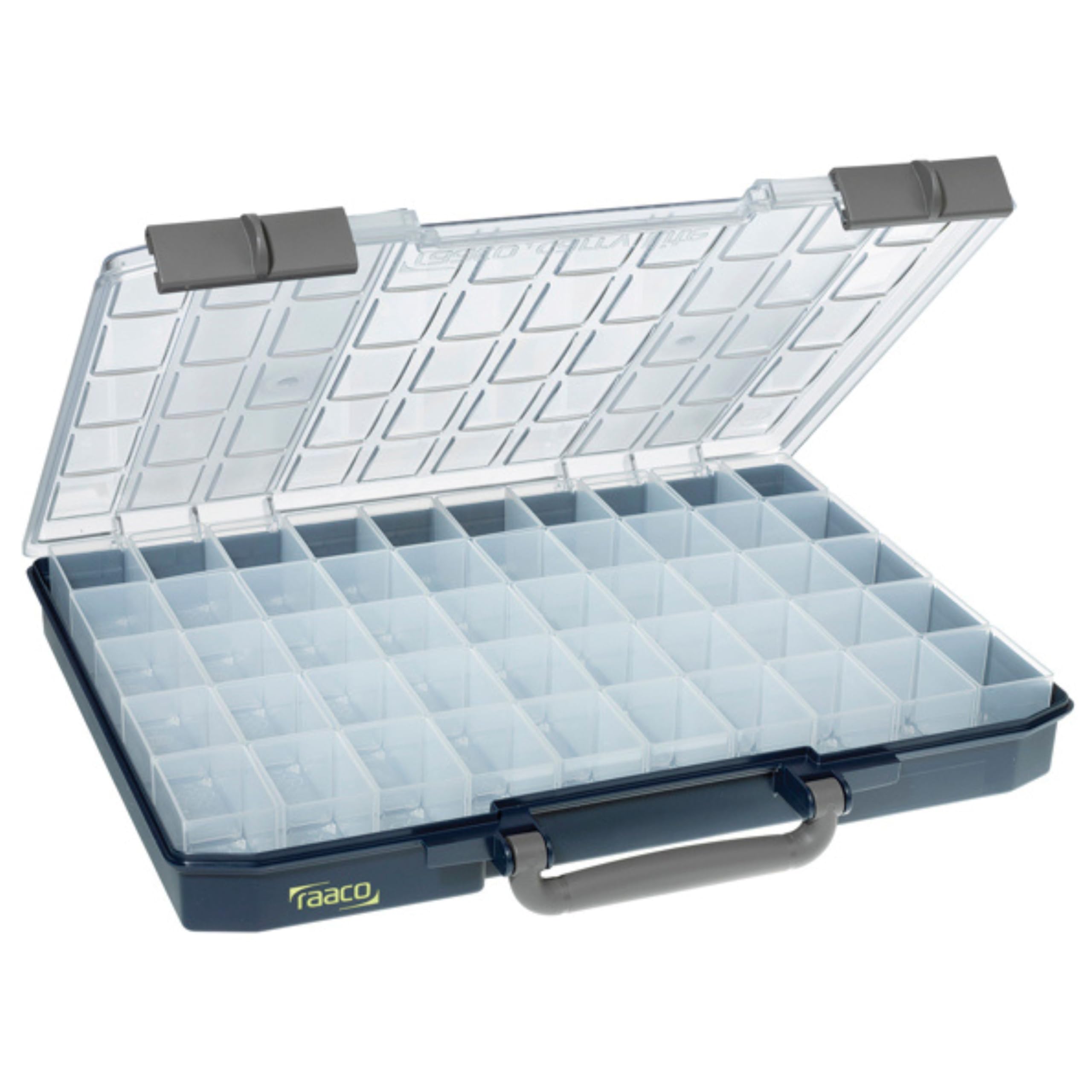 Raaco CarryLite 55 5x10-50 caja organizadora, 50 compartimentos, claro | Organizador de Tornillos Ligero, con 50 Compartimentos, Capacidad de Carga 10 kg, Almacenamiento Seguro, Tapa Transparente