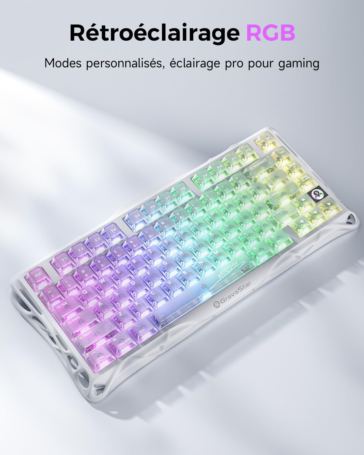 GravaStar Mercury K1 Lite Clavier Mécanique de Jeu avec BT5.0/2.4G /Type-C, 75% Gasket Clavier Gamer RGB Rétroéclairé, Commutateurs Linéaires Pré Lubrifiés, QWERTY (Crystal Aurora)