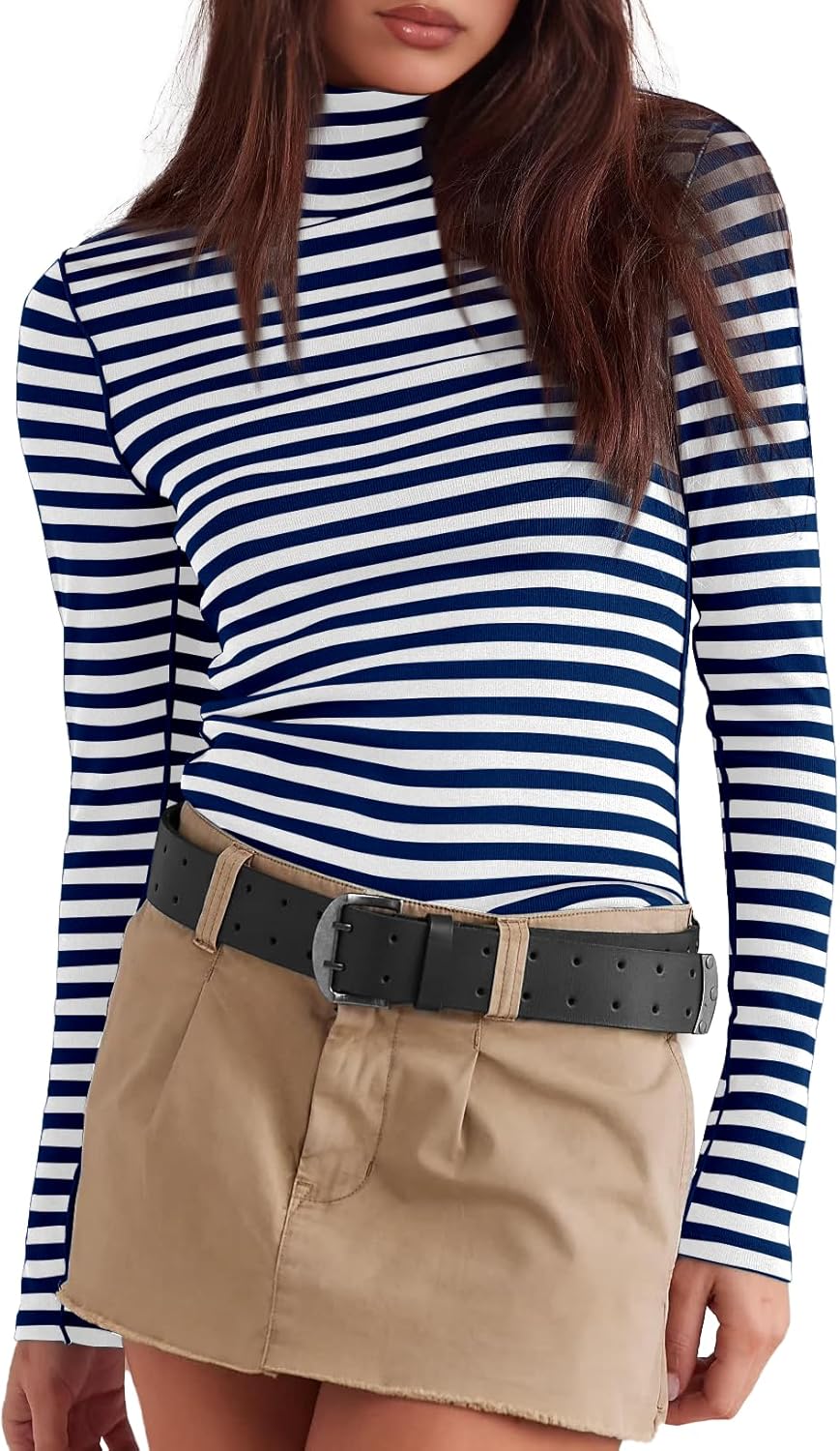 Darong Womens Striped Turtleneck Shirt Long Sleeve Undershirts Ribbed Slim Fit Top Fitted Basic Tees