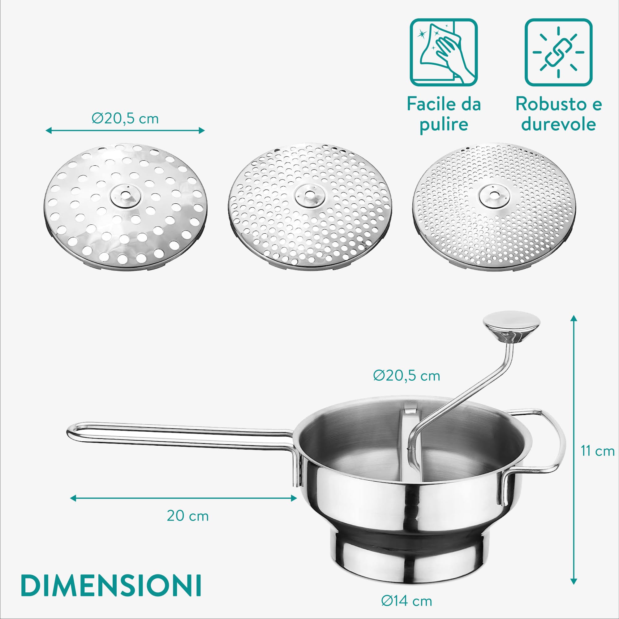 Navaris Passaverdure Manuale in Acciaio Inox Ø 20,5 cm - Passapomodoro Manuale e Passaverdura - Passa Verdure a Mano con 3 Dischi - Passatutto per Frutta Purè Salse Zuppe Vellutate