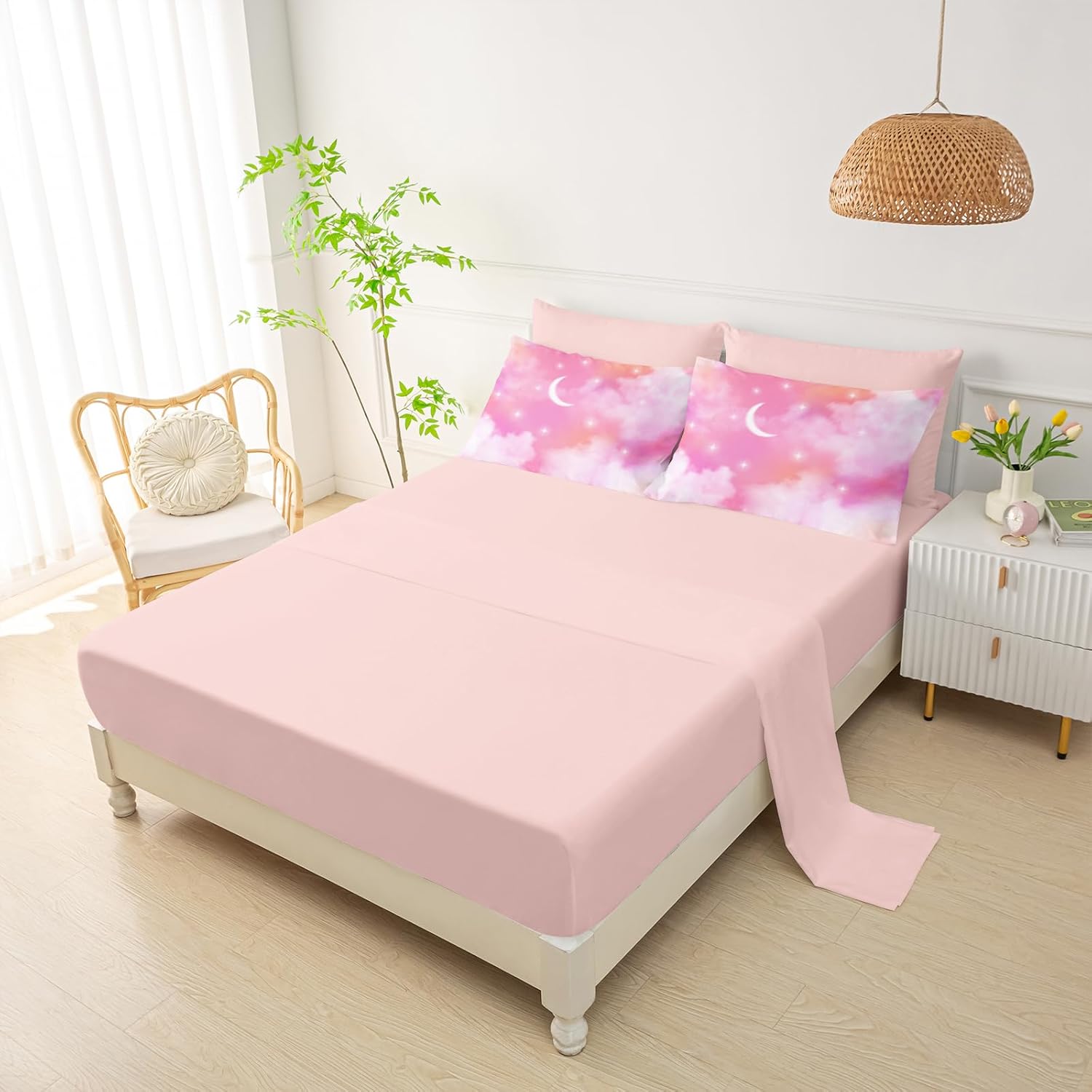 QOOMO Pink Cloud Room Decoration Comforter, Rainbow Star Sky 7 Piece Kids Bedroom Decor Set, Twin Size with 1 Comforter, 2 Pillowcases, 2 Pink Pillowcases, 1 Fitted Sheet, 1 Flat Sheet
