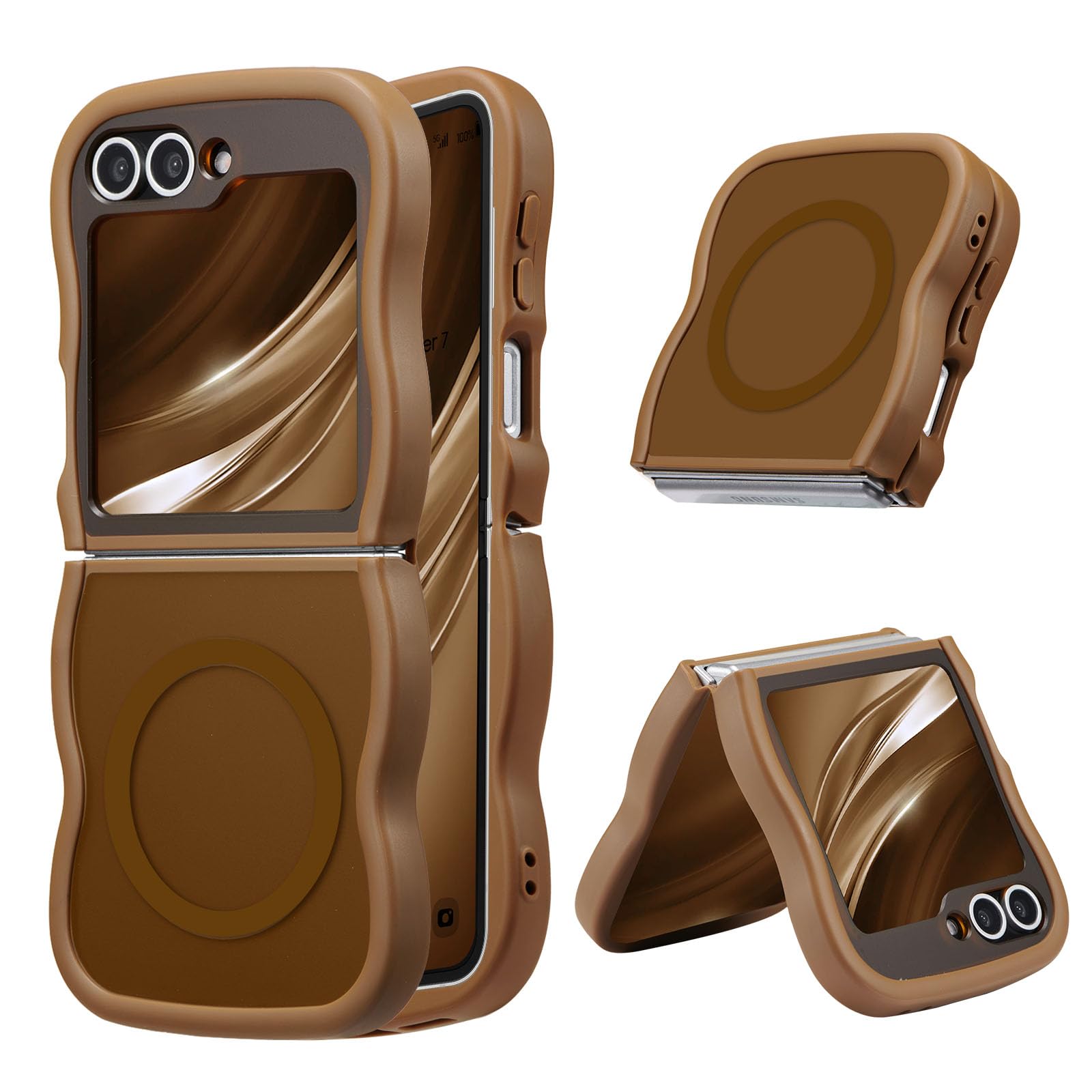 UEEBAI 対応 Samsung Galaxy Z Flip 5/Z Flip 6 5G 用の ケース 透明 TPU ウェーブデザイン スマホケース クリア 可愛い 人気 おしゃれ ケース MagSafe対応 薄型 軽量 耐衝撃 波型 バンパー スマホケース - ゴールド