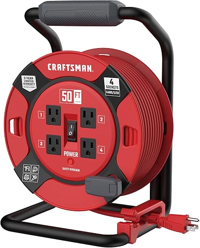 50 Ft. Retractable Extension Cord Reel, 4 Outlets