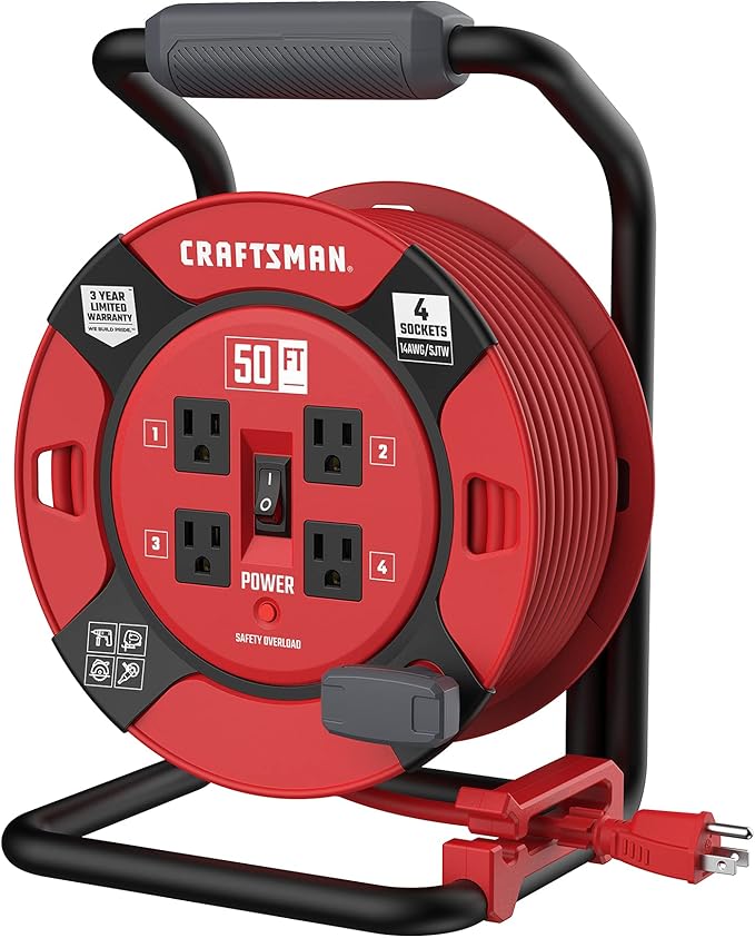 CRAFTSMAN Retractable Extension Cord Reel 50 Ft. With 4 Outlets & Heavy Duty 14AWG SJTW Cable