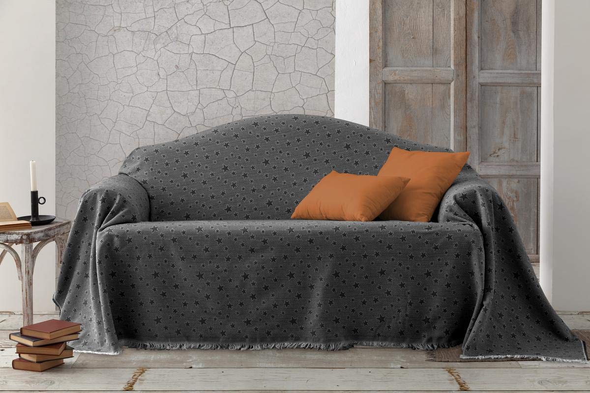 HIPERMANTA Colcha Foulard Multiusos Jacquard Modelo Estrellas para sofá y para Cama, Algodón-Poliéster, 3 plazas. Gris Oscuro.