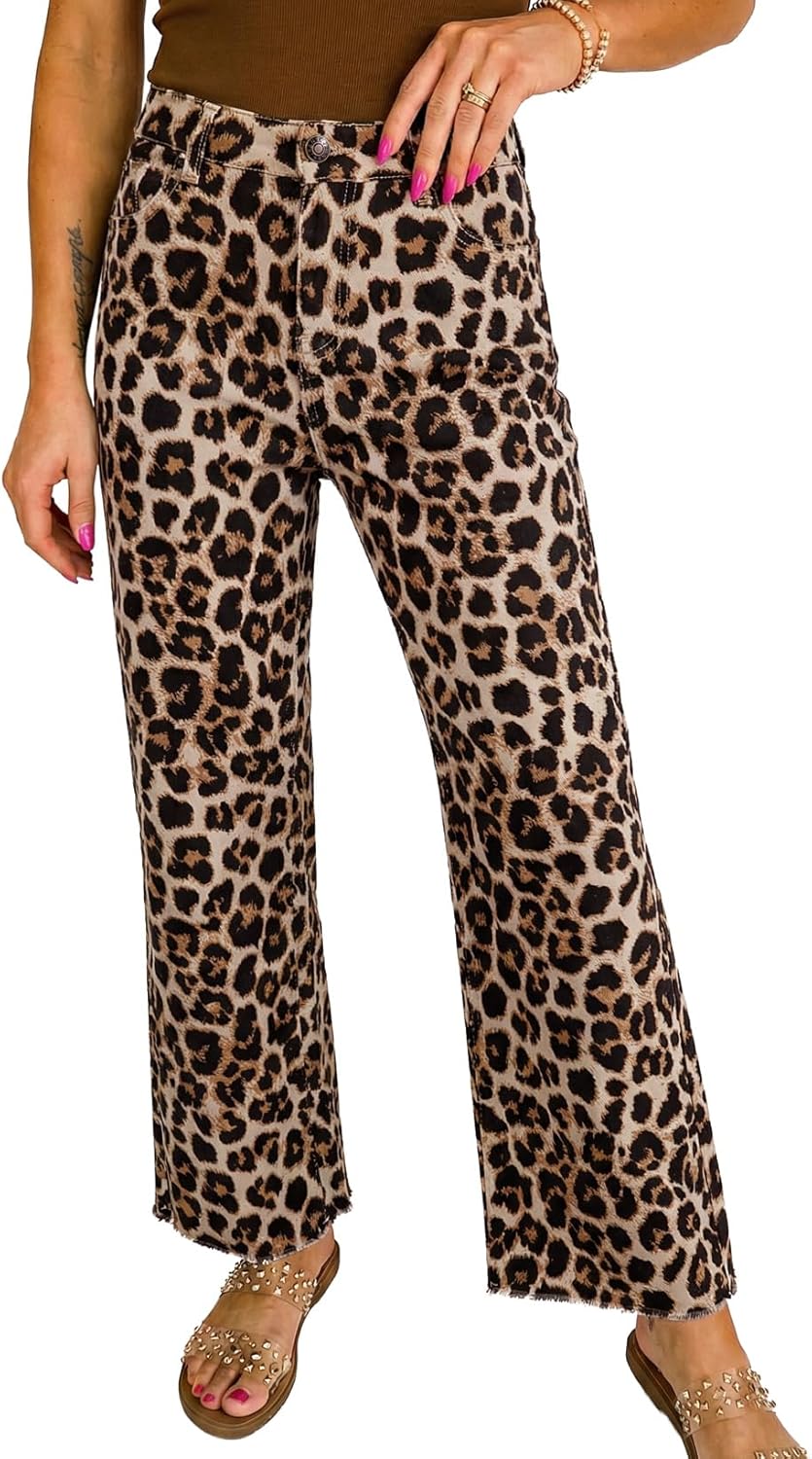 Astylish Women Animal Leopard Print Wide Leg High Waisted Jeans Tummy Control Casual Cropped Raw Hem Ankle Denim Pants