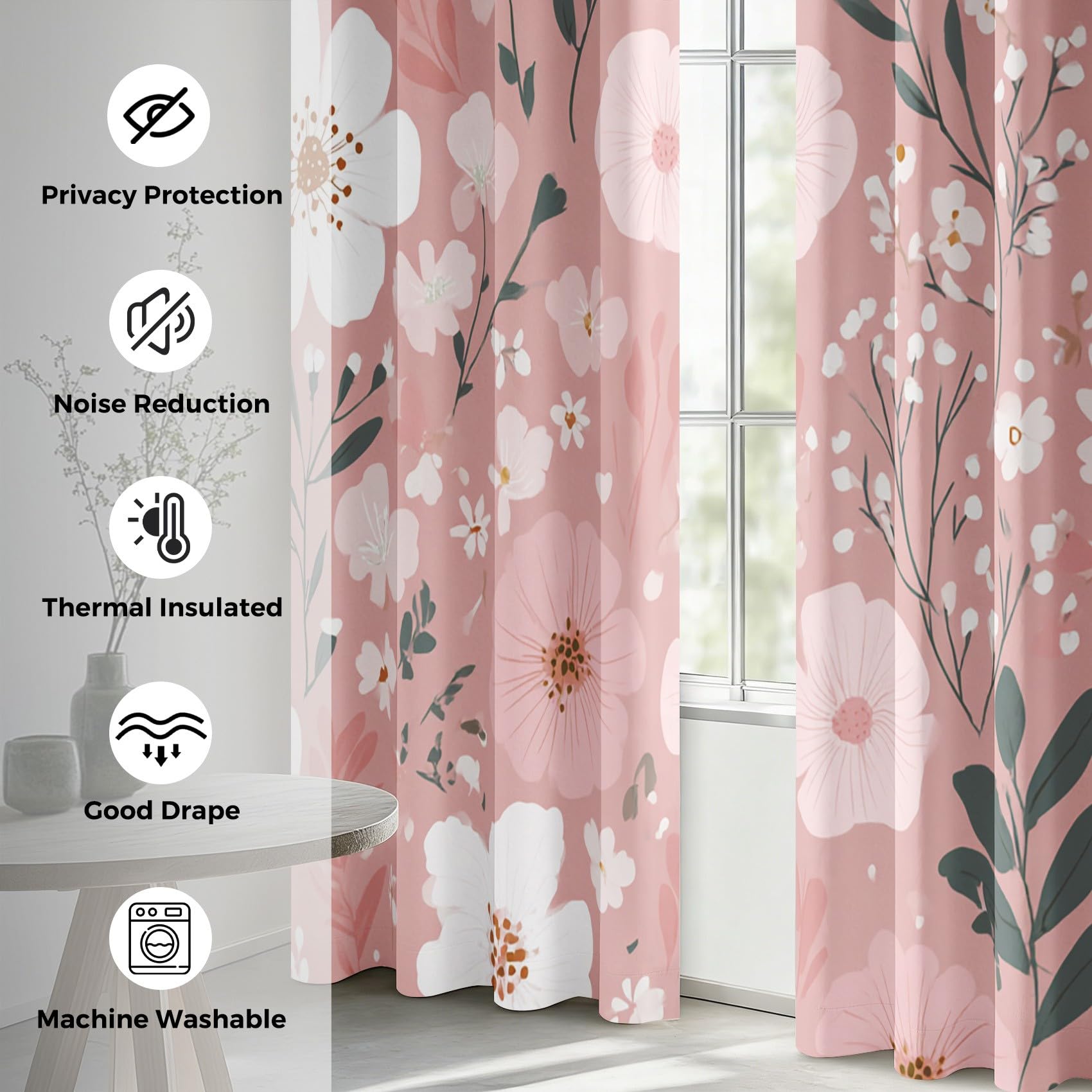 Generisch Rosa Weiße Blumen Vorhang Blickdicht, 95% Blickdichte Vorhänge Botanische Blumen, Verdunkelungsvorhang 137x117 2er Set, Schlafzimmer Wohnzimmer Gardinen mit Ösen Q-D27