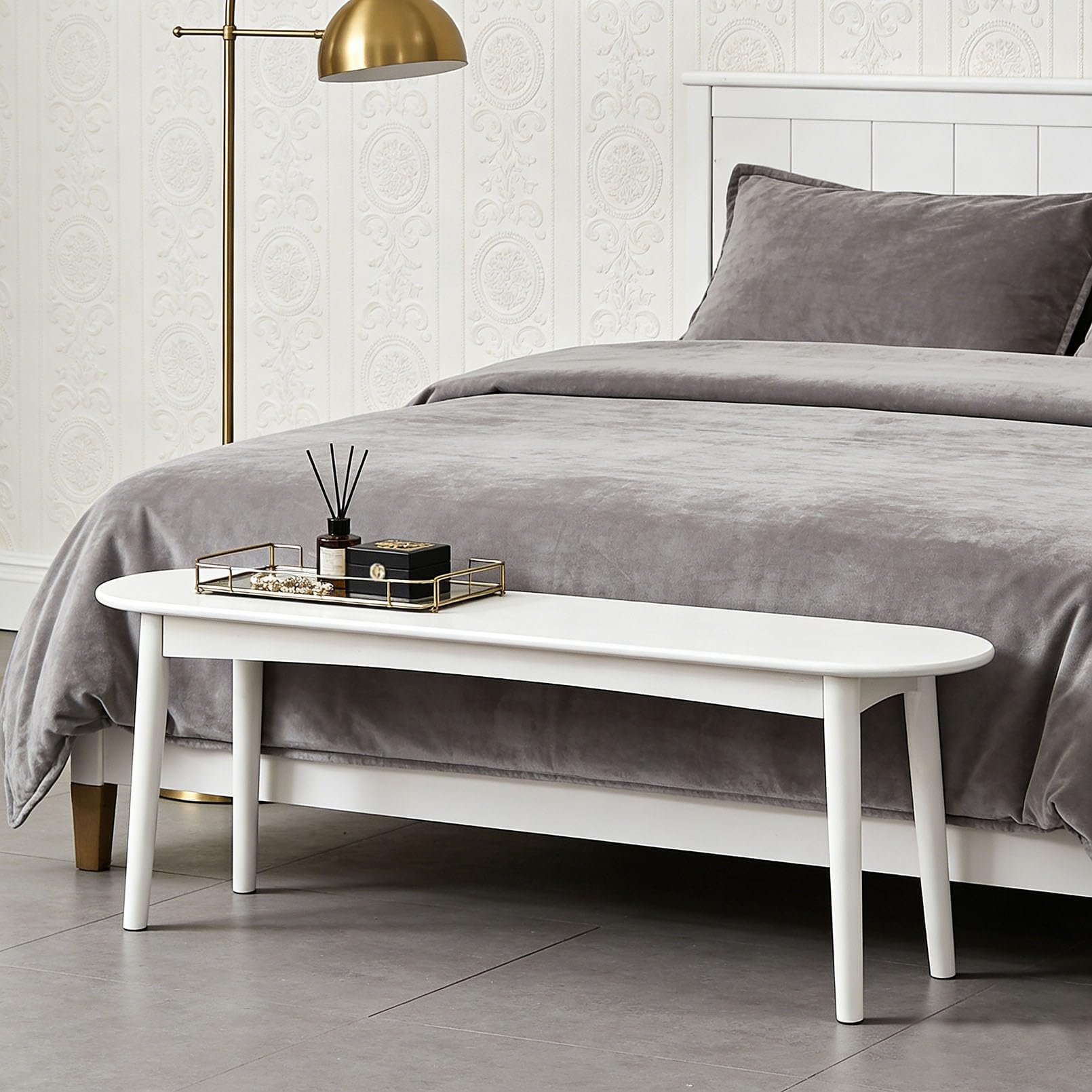 Banc étroit en bois de pin massif avec coins arrondis, polyvalent, pour chambre à coucher, salon, terrasse et jardin – Blanc H (119,4 cm)