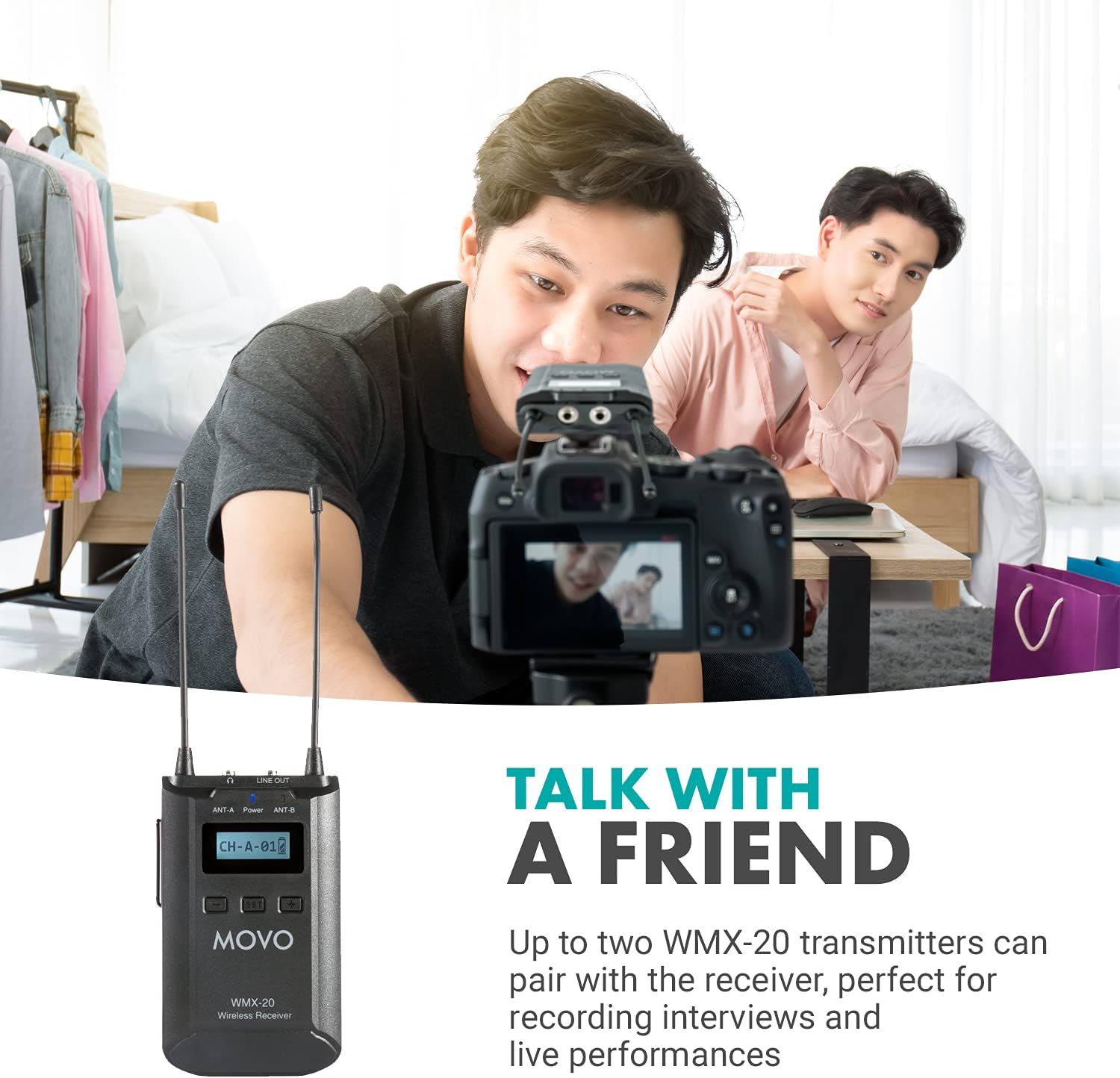 Movo WMX-20-RX Receiver for Wireless Lavalier Microphone System - For WMX-20 UHF Wireless Microphone System - Pairs w/ 2x Lapel Microphone Wireless Transmitters - Headphone Monitoring for Wireless Mic
