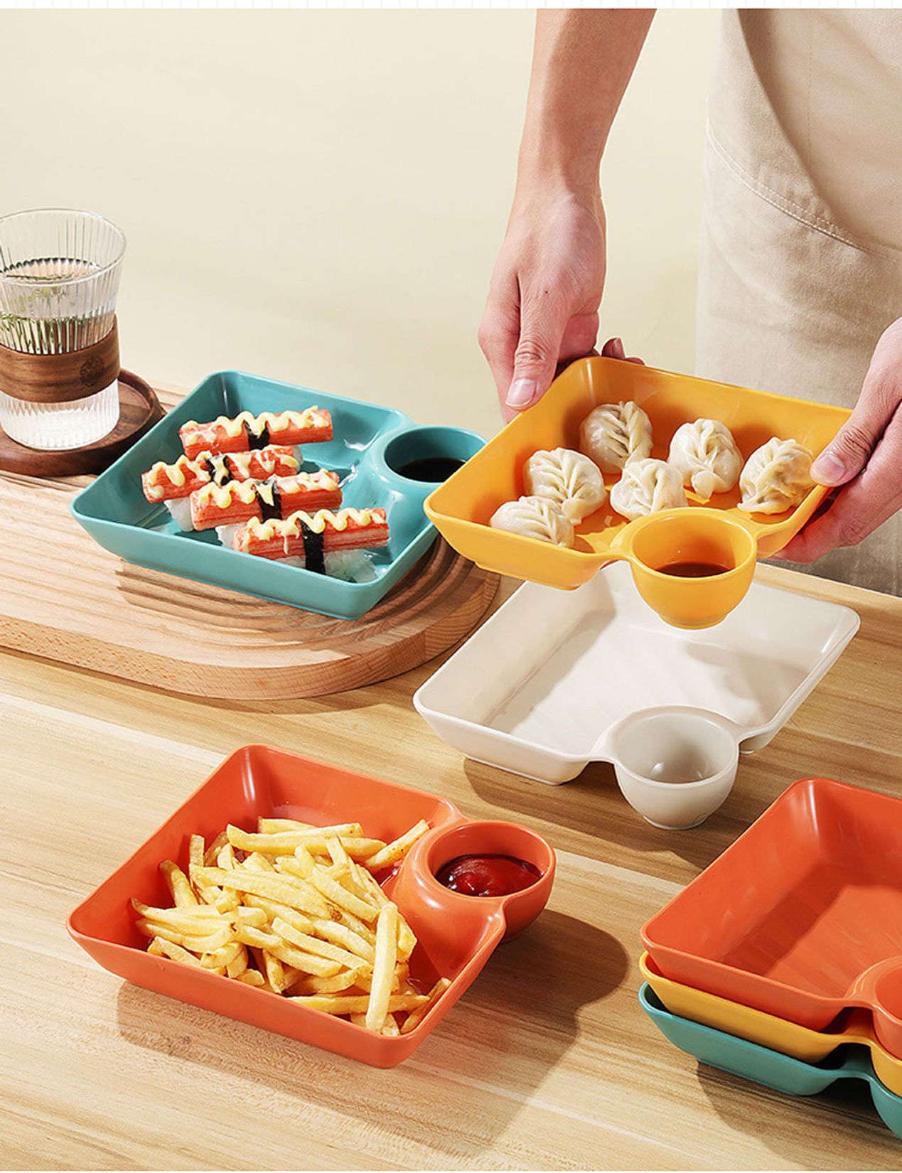 Jedzenie, Podzielone talerze obiadowe, talerz Diet Control, 7,2-calowe kwadratowe na deser, sałatkę, sushi, owoce, warzywa, przekąski(8SET)