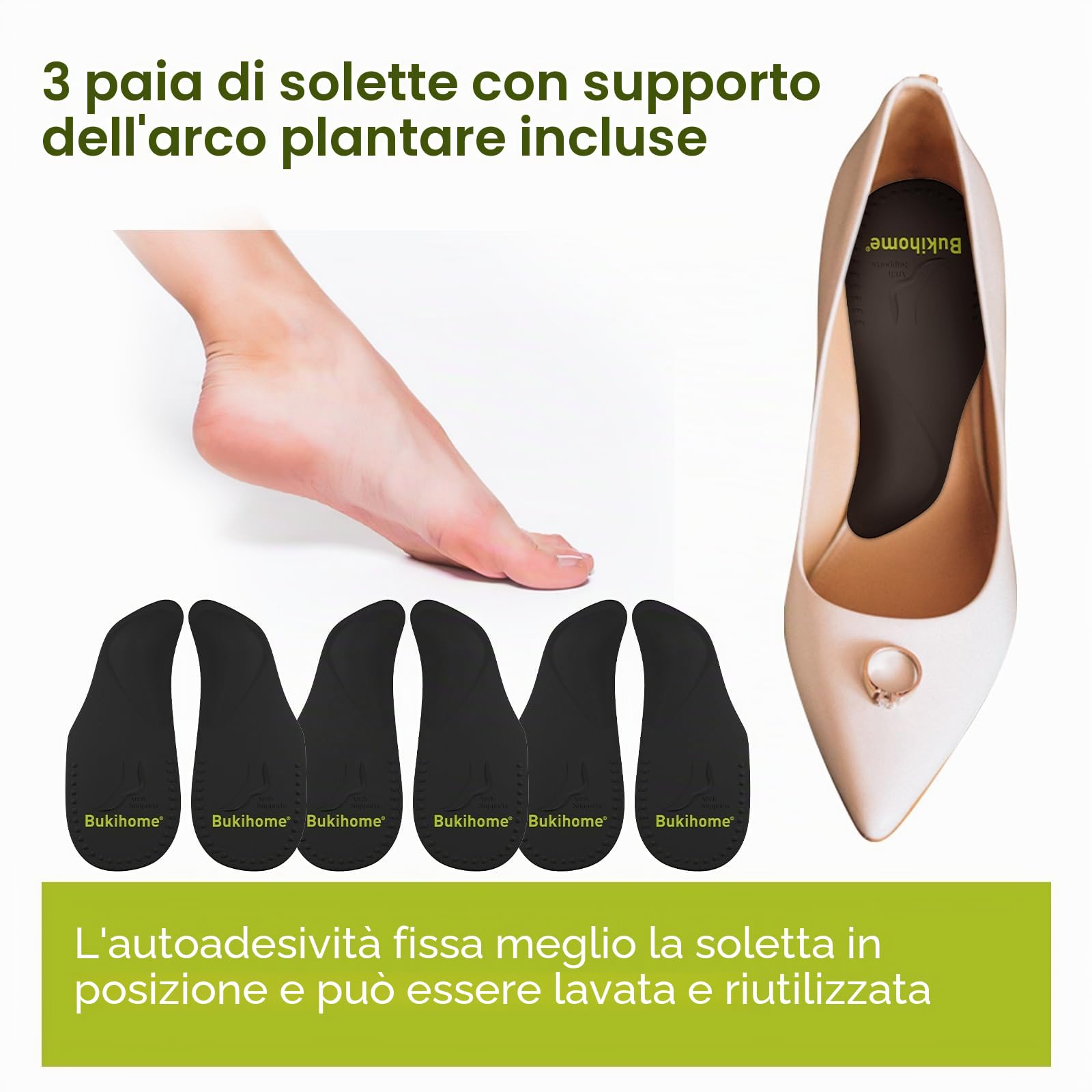 Bukihome 3 Paia Solette Ortopediche per Supporto Arco, Solette per Fascite Plantare, Plantare per Piede Piatto per Uomini e Donne, per Tacchi, Sandali, Scarpe Sportive (S, Nero)
