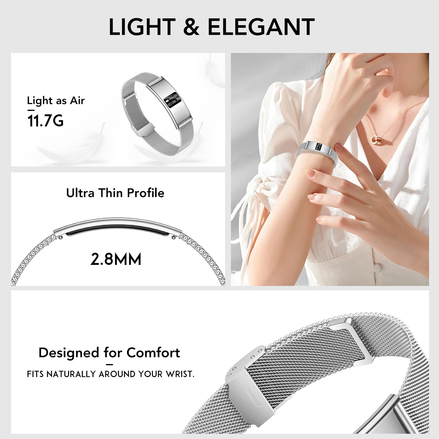Fitness Tracker Smartwatch Bracciale Donna: Smart Band con Cardiofrequenzimetro SpO2 Stress Sonno Ciclo Fisiologico 5ATM Impermeabile