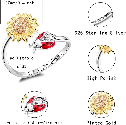 Miniatura 7 de oGoodsunj Anillo antiansiedad de plata esterlina 925 para mujer girasol abeja mariquita mariposa giratorio anillos tranquilos regalos de joyería