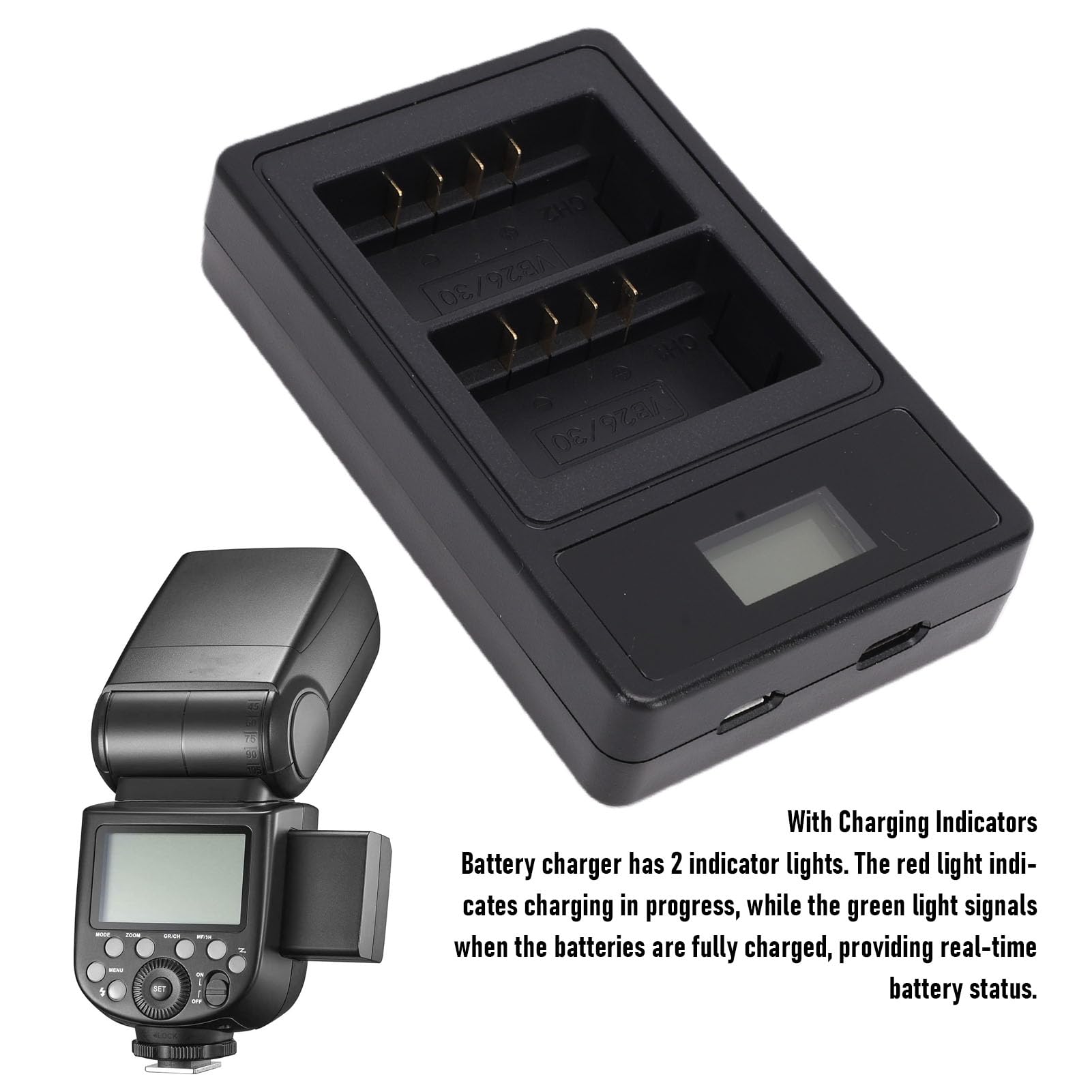 VB26 VB26B VB30 Ładowarka do Lampy Błyskowej, Podwójna Szybka ładowarka USB z Wyświetlaczem LCD, Kompatybilna z Lampami Błyskowymi V1 V850III V860III MF R76 Ring72 AD100Pro V1Pro