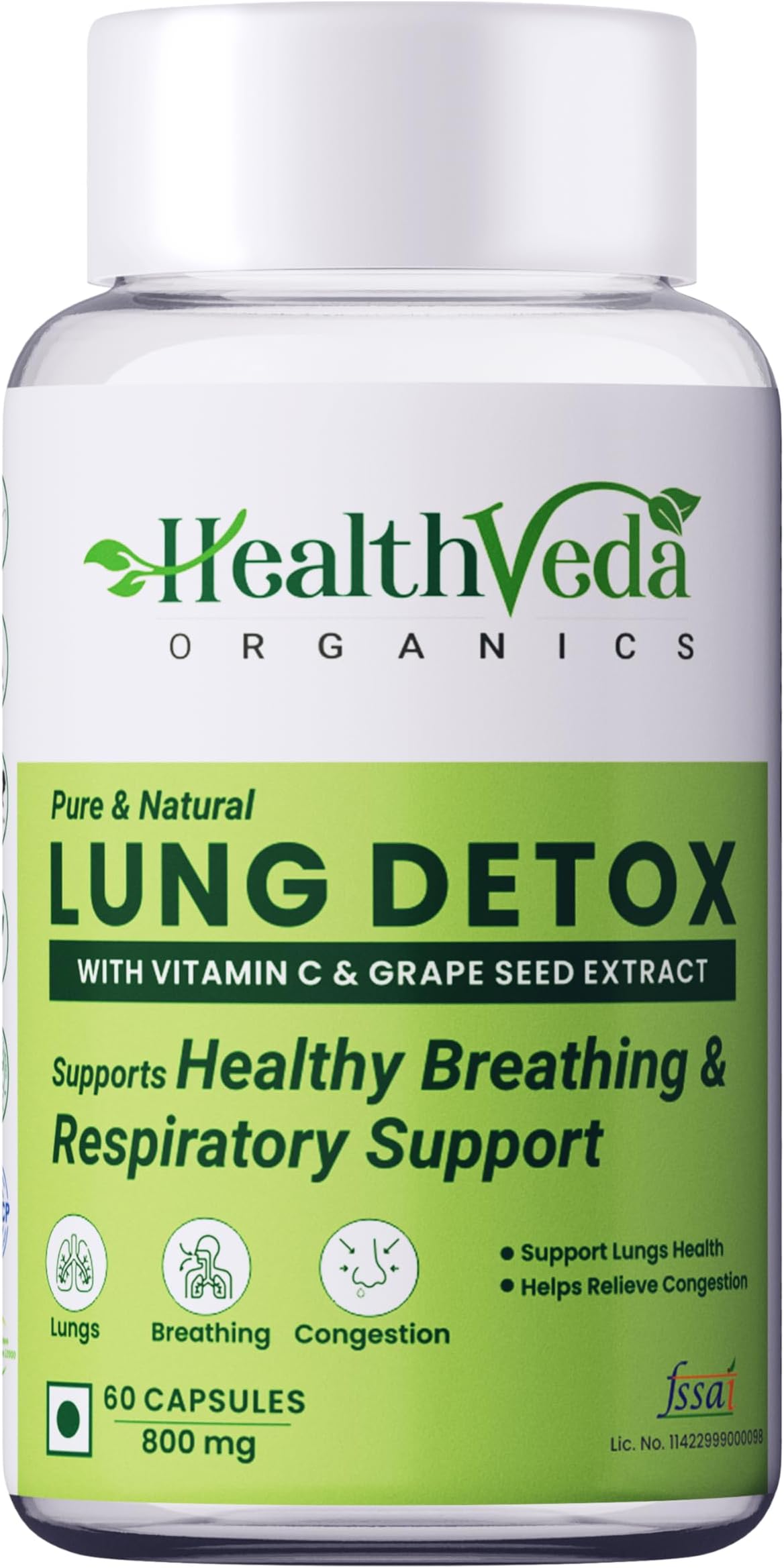 Health Veda Organics Lung Detox with Vitamin C & Grape Seed Extract | 60 Veg Capsules | Supports Healthy Breathing | For Detoxification of Lungs & Immunity | For Both Men & Women