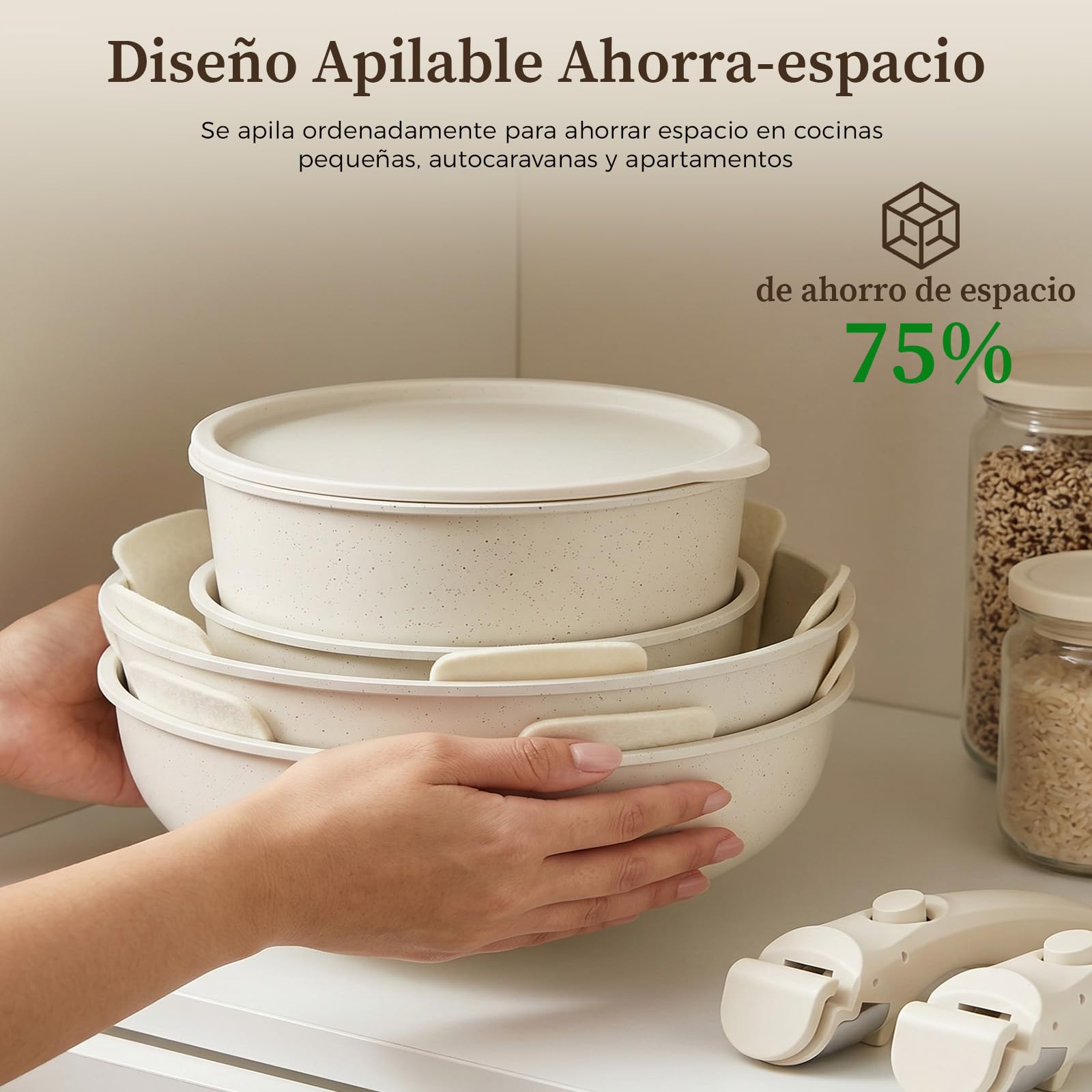 YASHE Batería de cocina 15 piezas, inducción, atóxica, sin PTFE ni PFAS | Juego de Sarténes Atóxica con Mango Extraíble, Apilable y Ahorro de Espacio, para Caravana, Sin PFOA