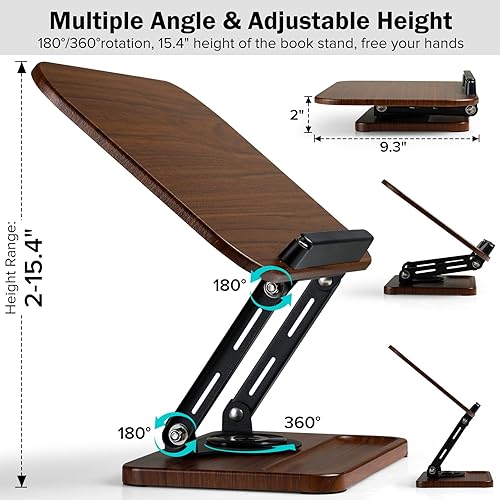 Miniatura 9 de Soporte para libros con luz y almacenamiento, soportes para libros para leer manos libres, soporte de madera para libros de cocina con altura