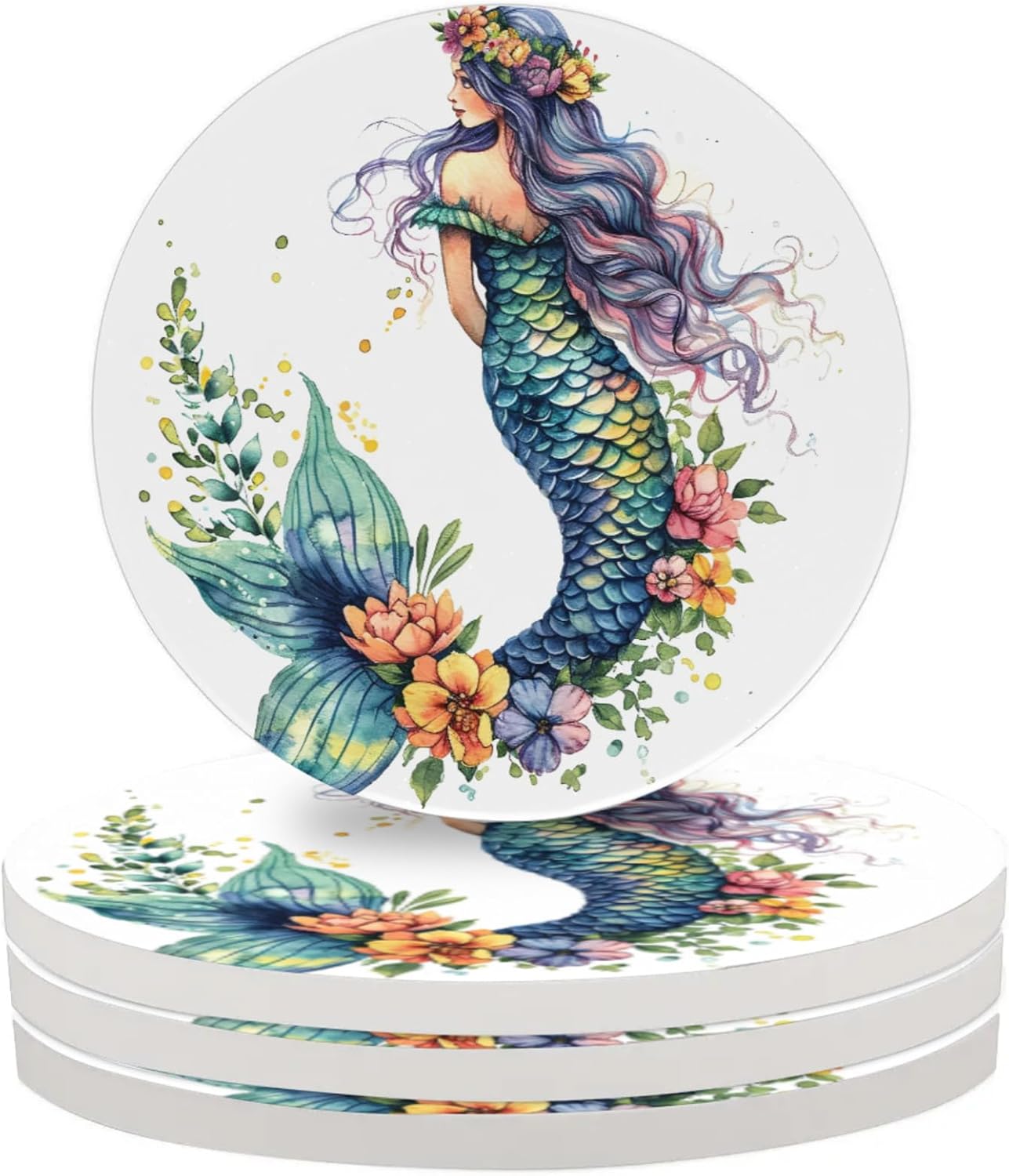 Round Drink Coasters Set of 4, 4-Inch Absorbent Ceramic with Cork Backing, Non-Slip Coasters for Coffee Table Home Kitchen Bar Decor, Housewarming Gift Beautiful Mermaid