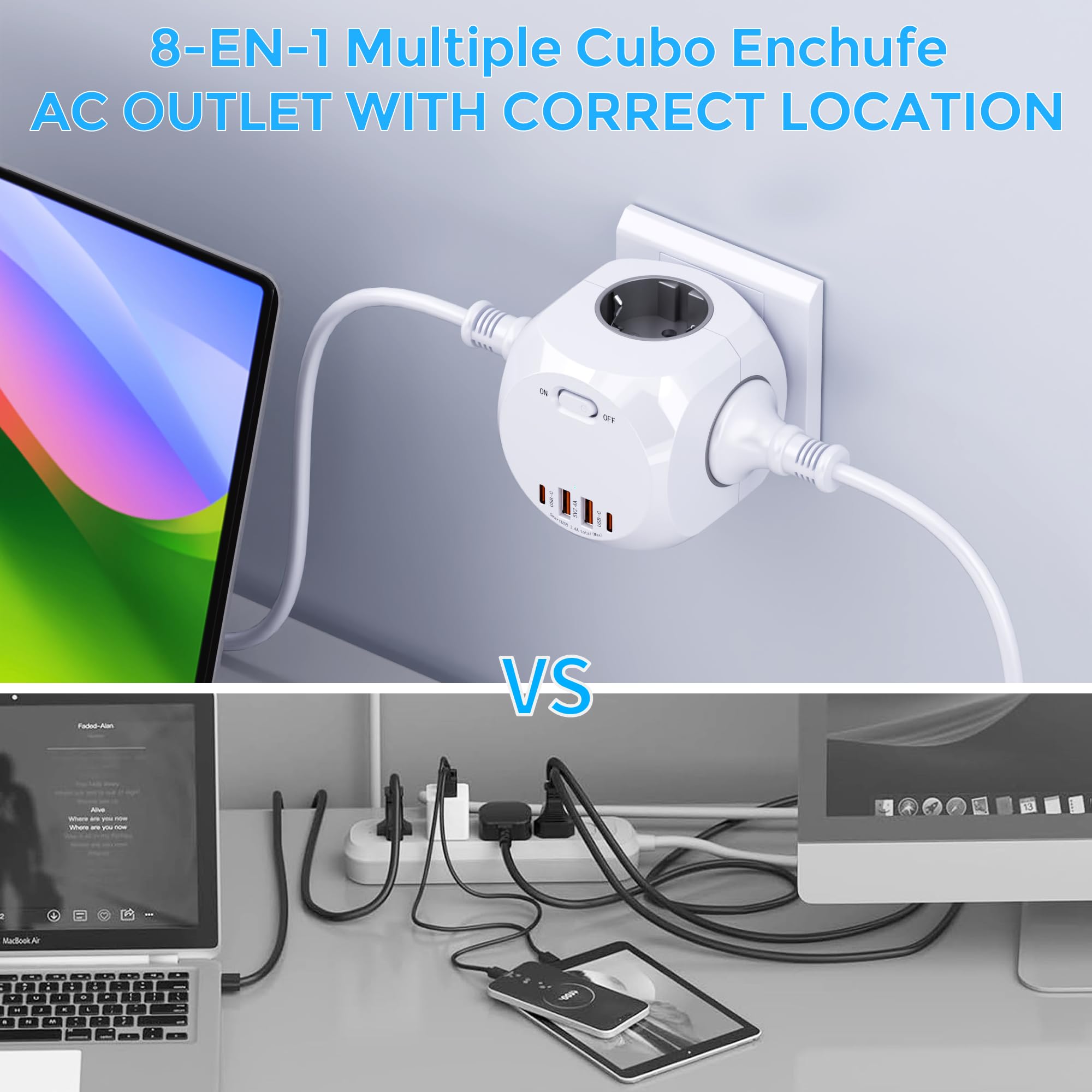 8-w-1 gniazdo gniazda, gniazdo wielu gniazd z USB, 4 gniazdka złodziejowe, 4 gniazda, 2 USB A, 2 USB C, 4000 W gniazdo zasilające do biura, kuchni i pokoju szarego