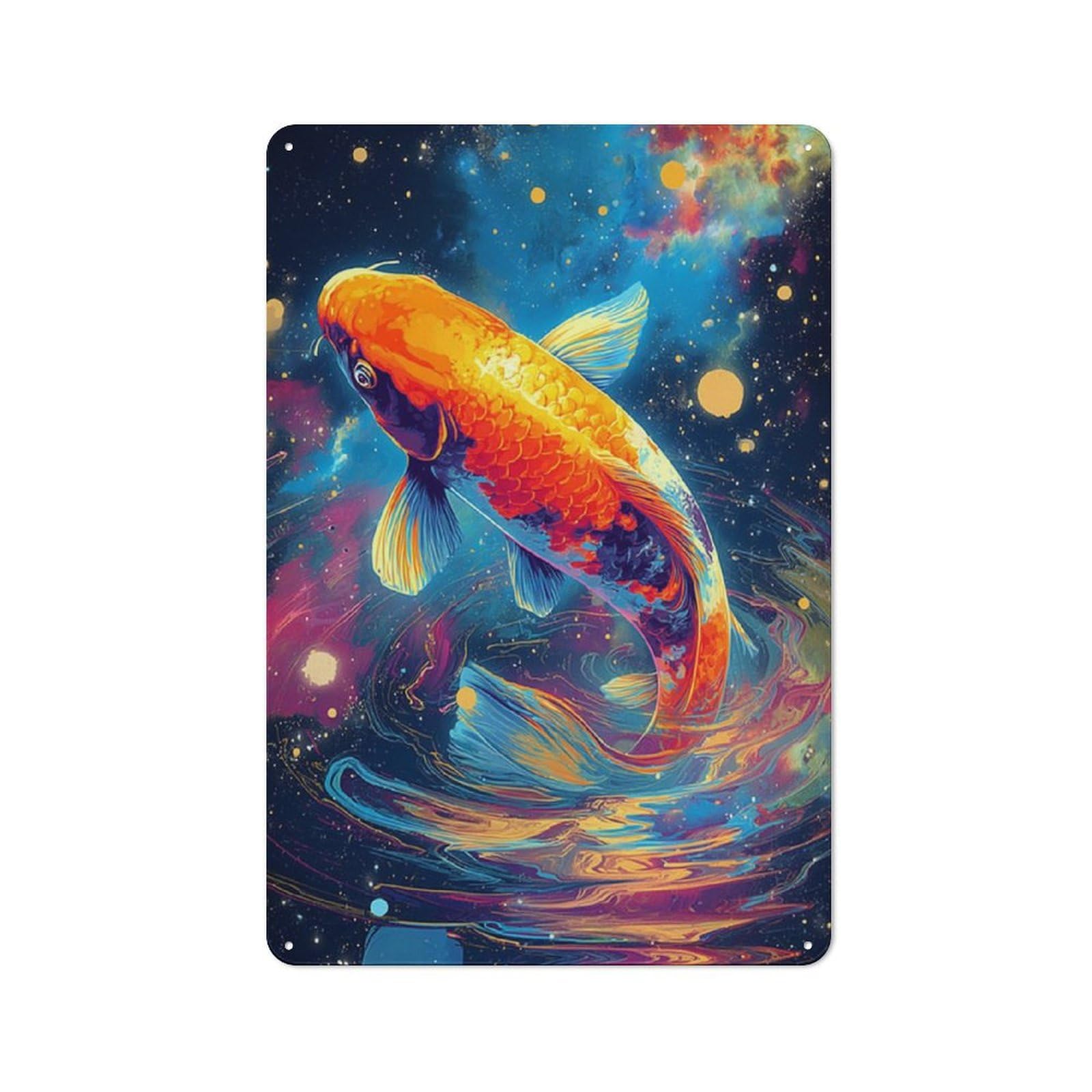 Junmoney Colorful Koi In Cosmic Water Decorative Tin Plaque 30X20cm, Vintage Bar Wall Plaque For Bar, Kitchen, Garage Or Games Room