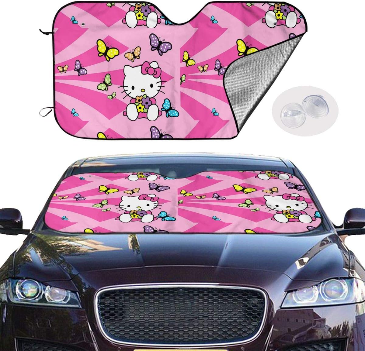 JNGBDGV Windshield Sun Shade Hello Kitty with Butterfly Car Windshield Sunshade