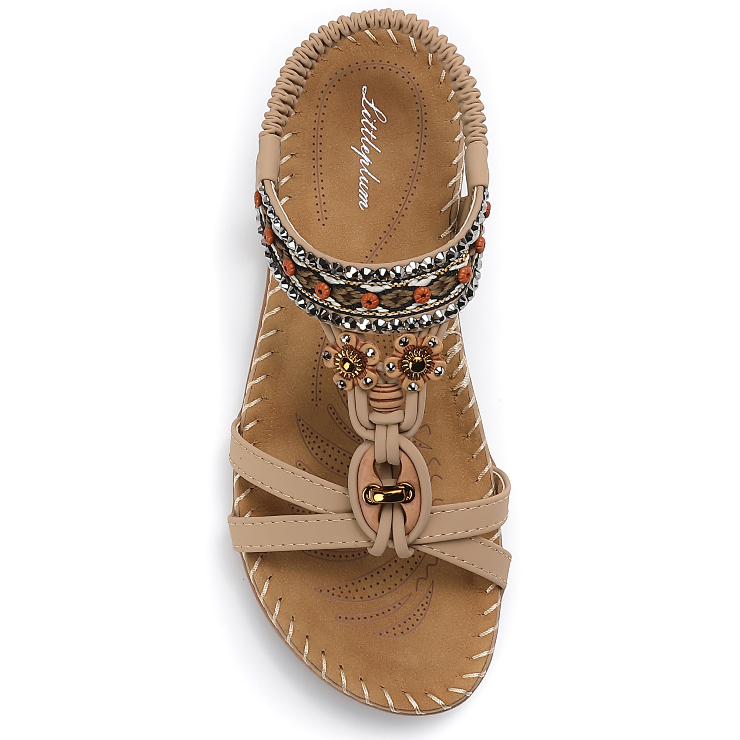 Littleplum Sandalen Damen Freizeit Flach Sandalette mit Strass Perlen Bohemia Strand Schuhe Casual Ankle Elastic Flip Flops