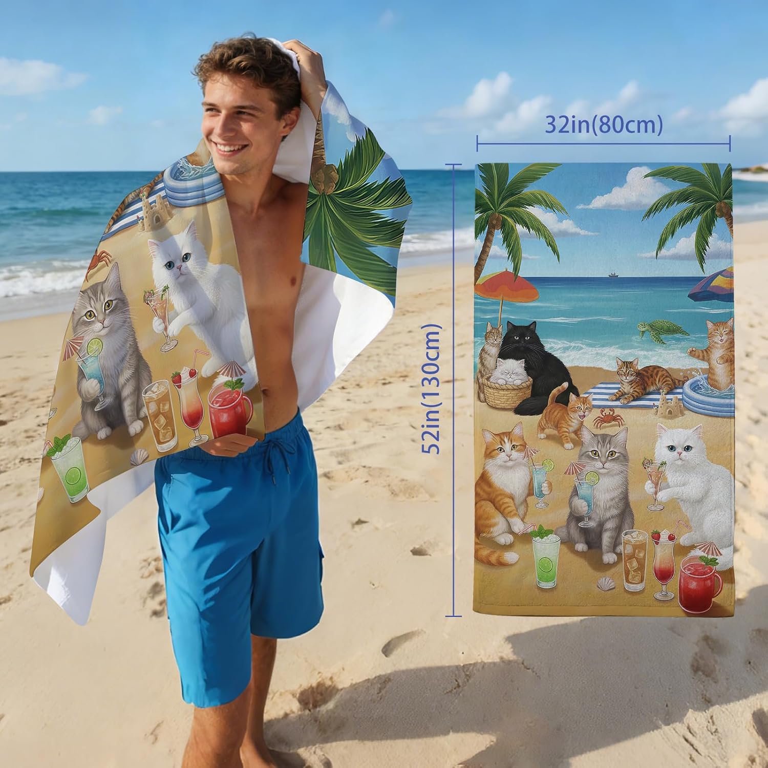 Cat Beach Vacation Towel, Illustrated Summer Cats Party Scene with Drinks & Sunshine, Oversized Microfiber Towel for Cat Lovers, 32" x52”
