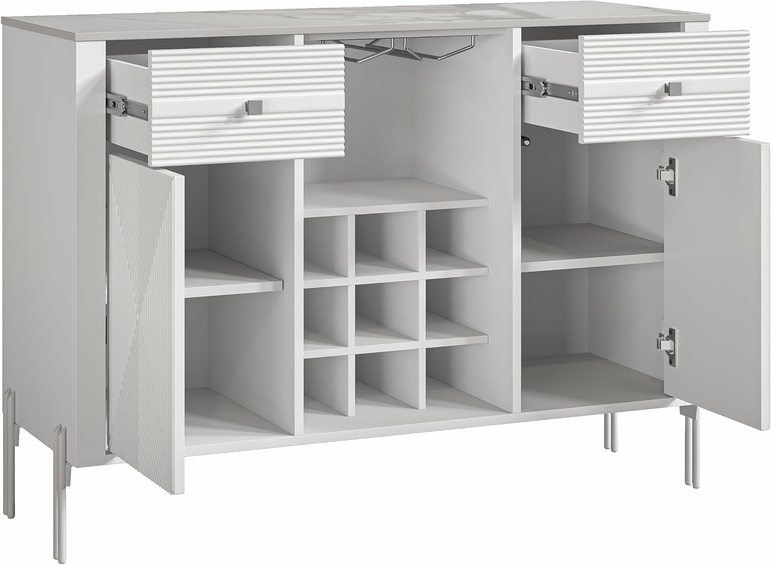 FESTIVITY 42 Inch Wine Cabinet with Two Doors & Drawers, Open Glass & Wine Rack, Marbling Pattern Countertop, Storage Shelves Kitchen Coffee Bar Buffet Sideboard Cabinet for Dining Room (White)