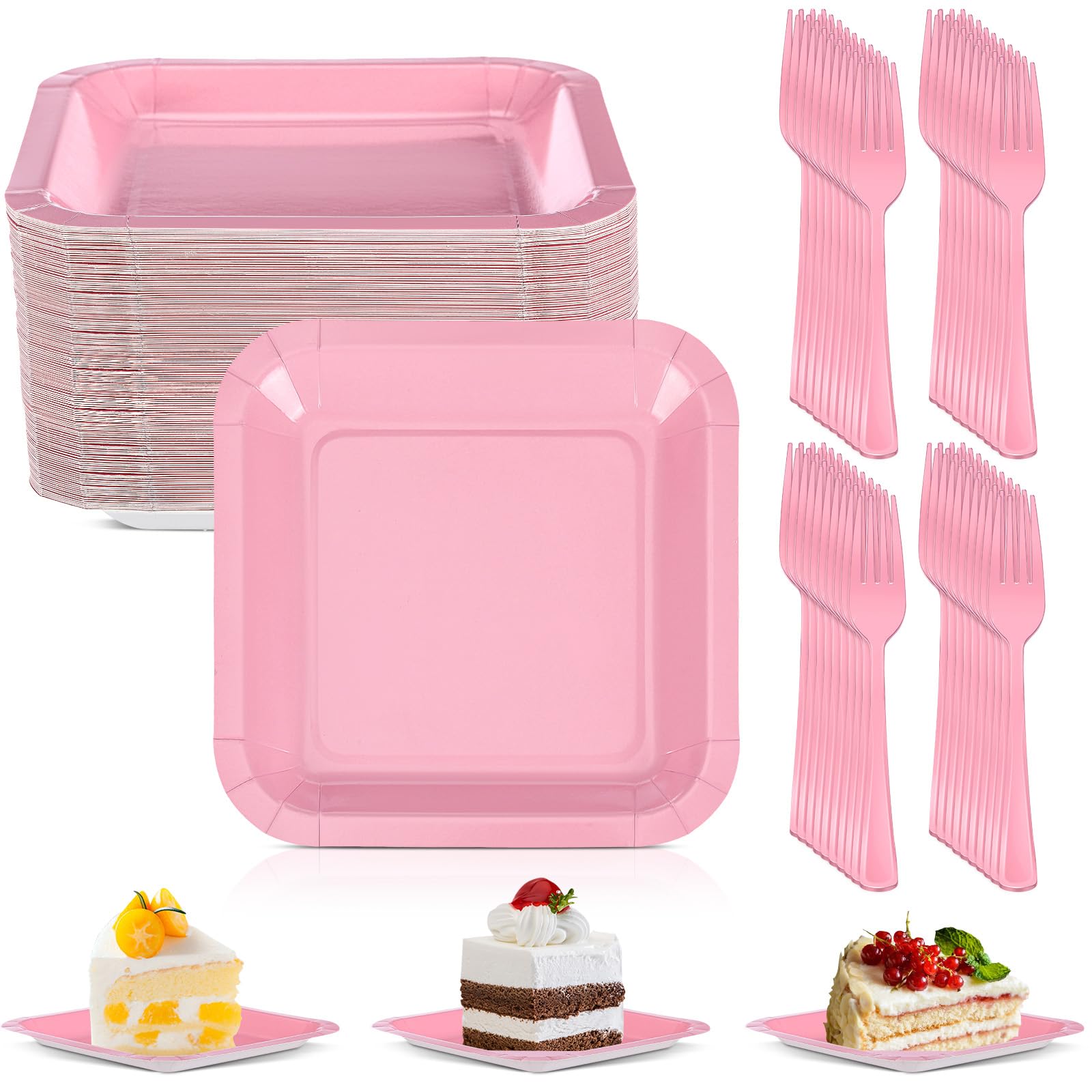 Photo 1 of ***MISSING PARTS***
Dandat 100 Pcs 7 In Small Pink Paper Plates Square Disposable Cake Plates with Plastic Dessert Forks 50 Guests Foil Tableware for Birthday Party Wedding Table Supplies