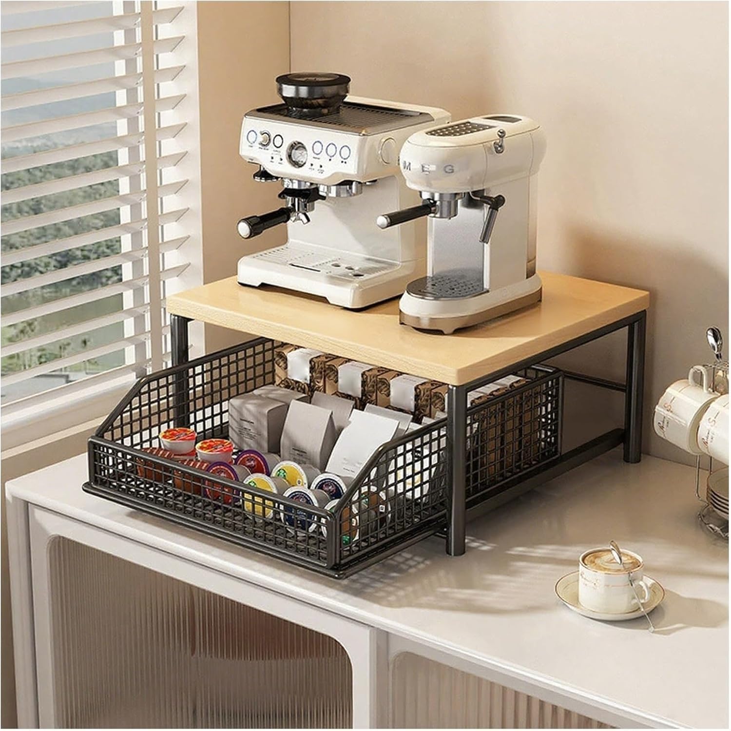 Carrito para Microondas con Ruedas Y Cajón, Mueble De Cocina Multiusos ， 2 Tier Rolling Kitchen Cart with DraweCarrito Organizador para Máquina De Café(Black,14.57x10.24in)