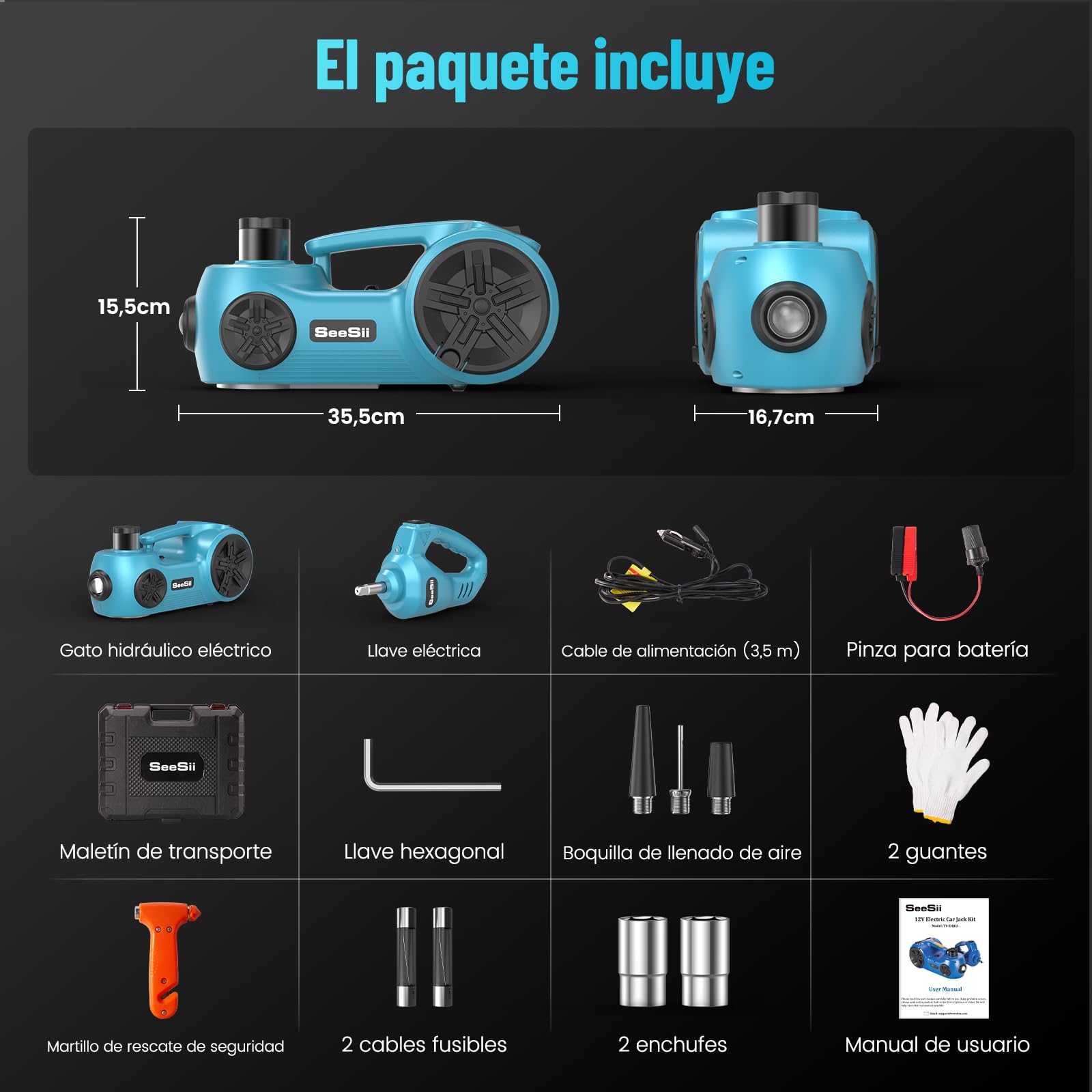 SEESII Kit de Gato Hidráulico Eléctrico para Coche 5 Toneladas (Alcance de Elevación 17.7 Pulgadas) - Gato 3en1 con Llave de Impacto e Inflador - Gato de Suelo para SUV/Camioneta/Camión/Sedán