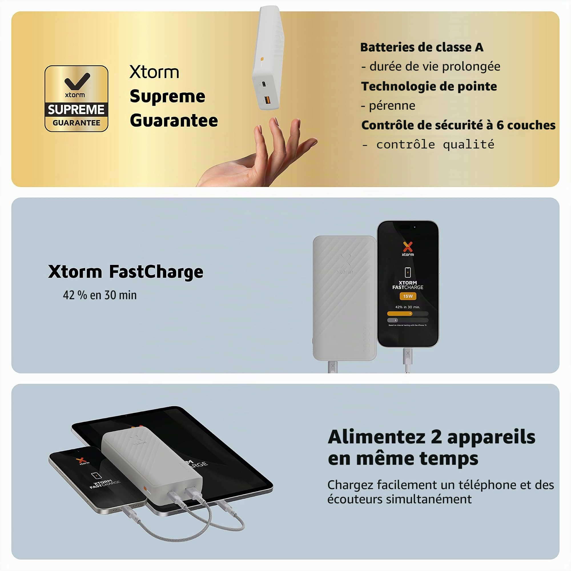 Powerbank Xtorm Go2-20 000 mAh - 1x USB-A - 1x USB-C - Batterie puissante - Batterie Portable pour iPhone et Samsung - Technologie Durable - Ash White