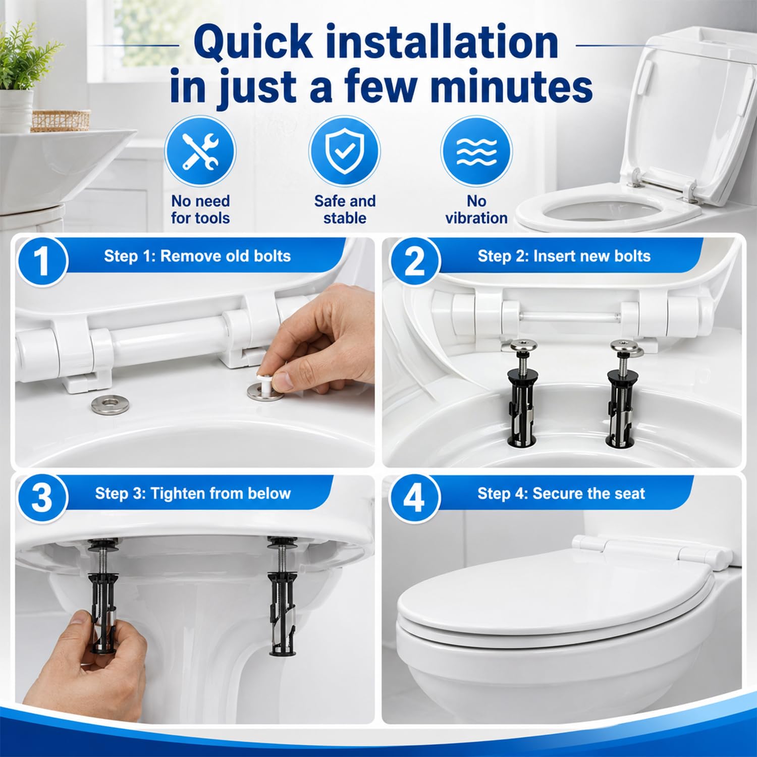 2027 New Toilet Seat Bolt,Heavy Duty Toilet Seat Fastener Bolt Kit Waterproof Stainless Steel Toilet Seat Screw Replacement Kit,Extra Long Downlock Nuts Rubber Washers Gaskets,Easy to Install image 4