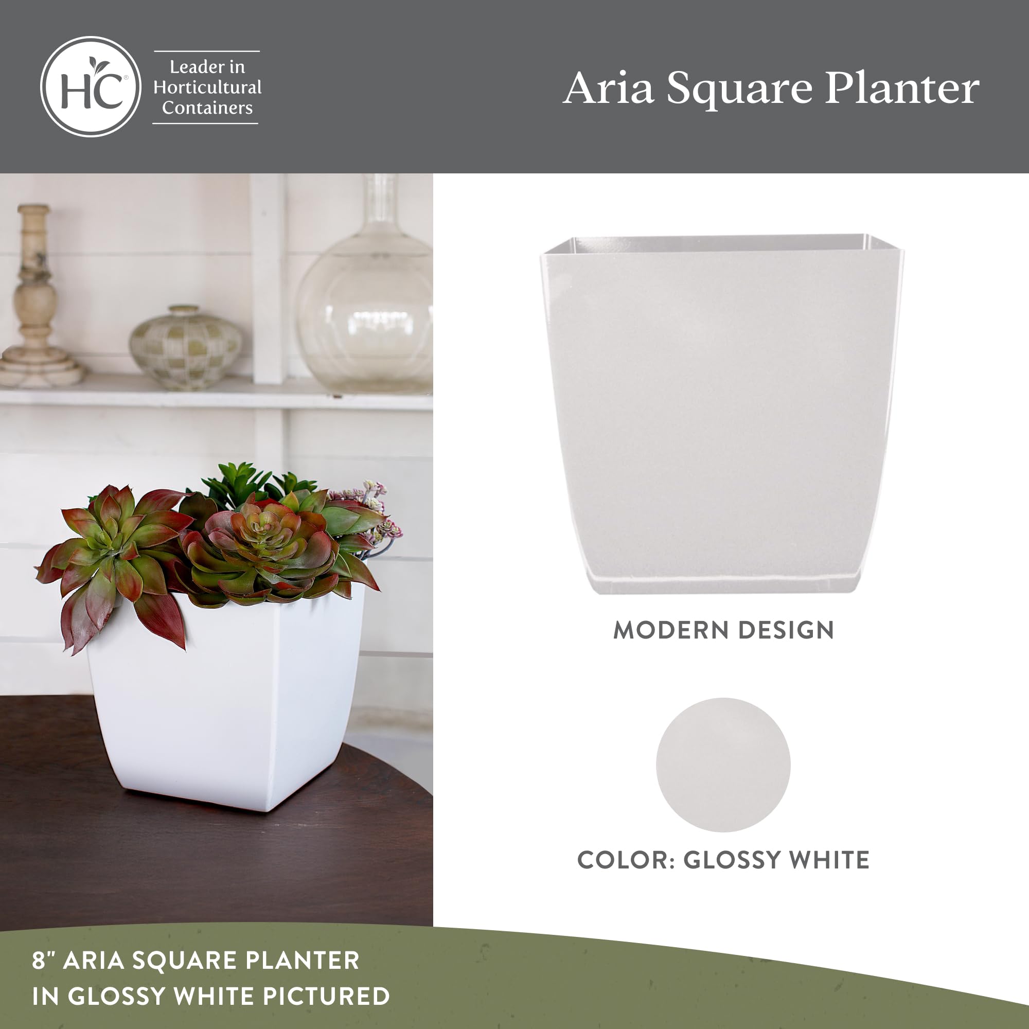 The HC Companies ASP08000P80 Square Planter, Glossy White, 8 Inches - Image 2