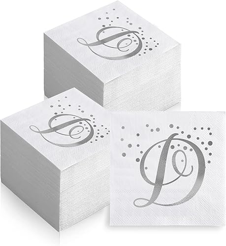 Paquete de 200 servilletas desechables con monograma de papel de aluminio plateado con letra D, servilletas de bebidas iniciales para bodas, fiestas