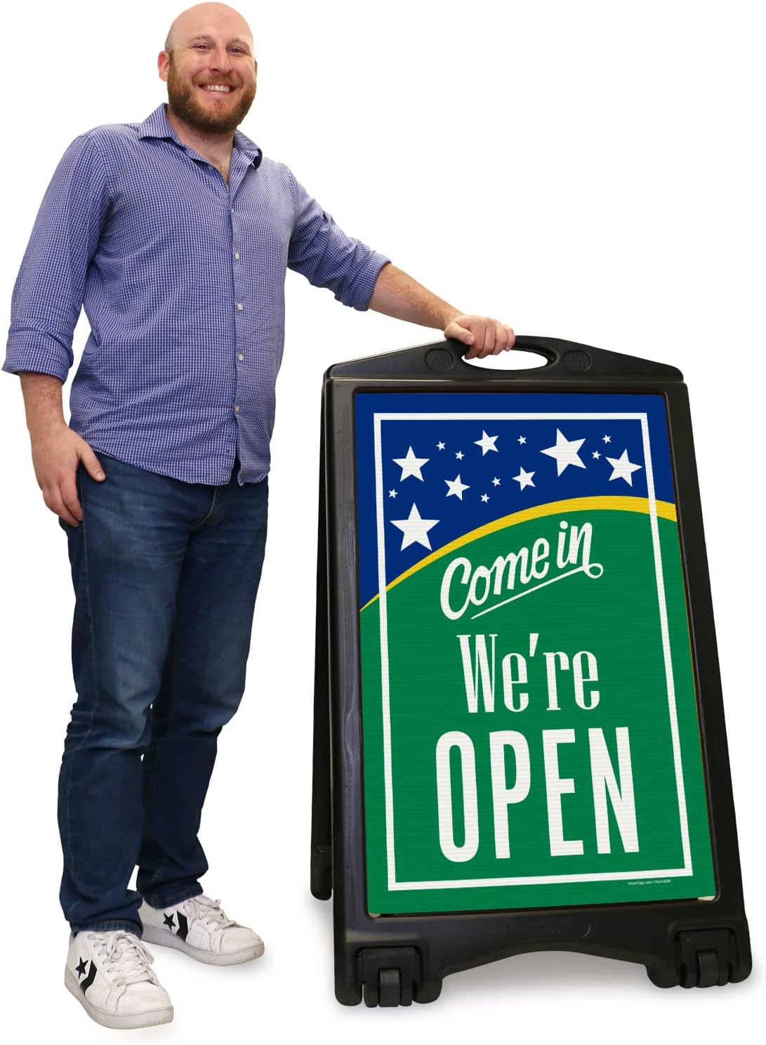 SmartSign "Come In We're Open" A-Frame Sidewalk Sign Kit, 36" x 24", Built-In-Wheels, Double-Sided Portable Plastic Sandwich Board, Set of 1 Foldable Black A-Frame + 2 Sign Panels, Made in USA