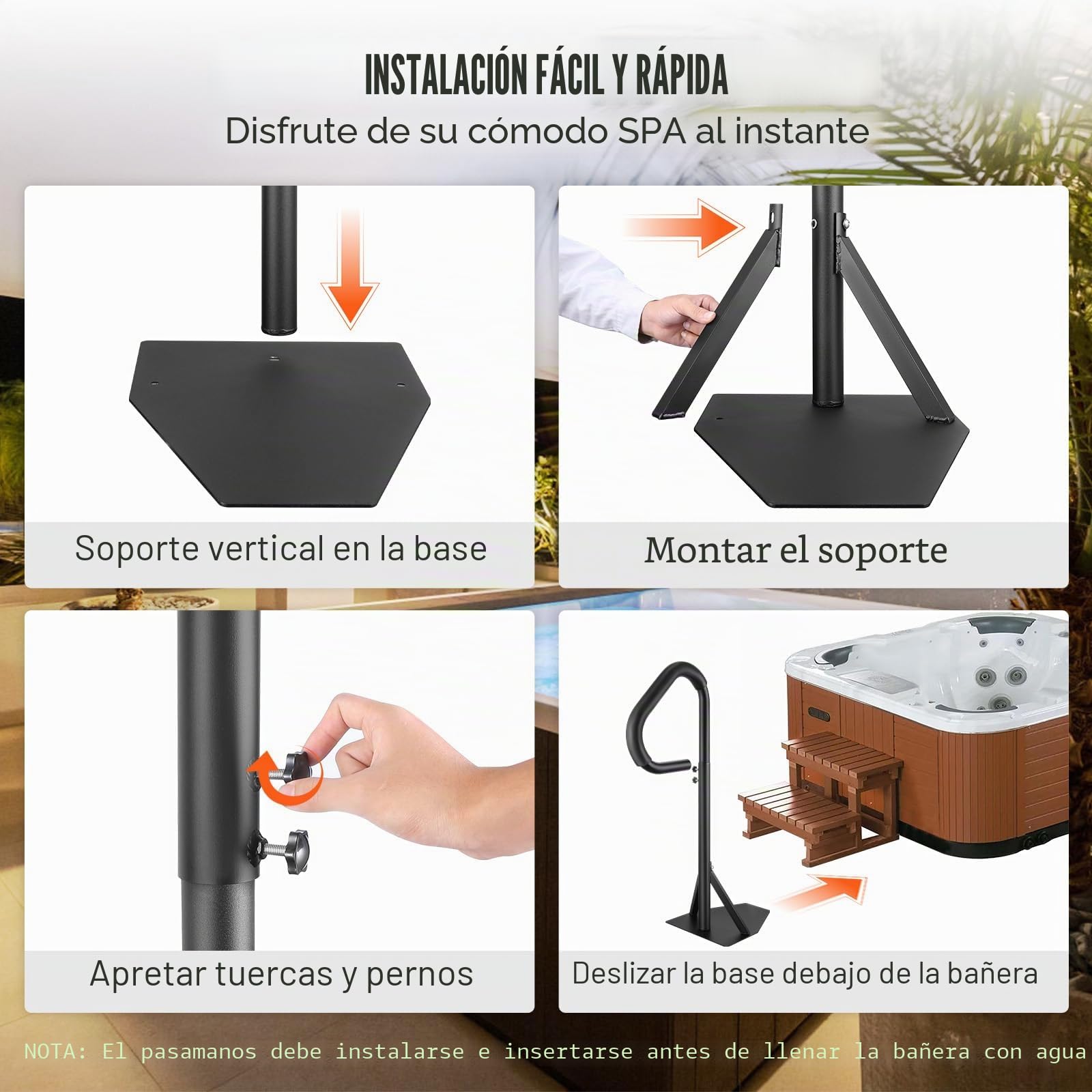 VEVOR Pasamanos Lateral para Spa 54,2x37x144,7 cm Pasamanos de Jacuzzi Giratorio de 360​​​​° Altura Ajustable 89-144,7 cm Carga 272 kg Base de Montaje Deslizante de Aluminio Antioxidante para Bañera