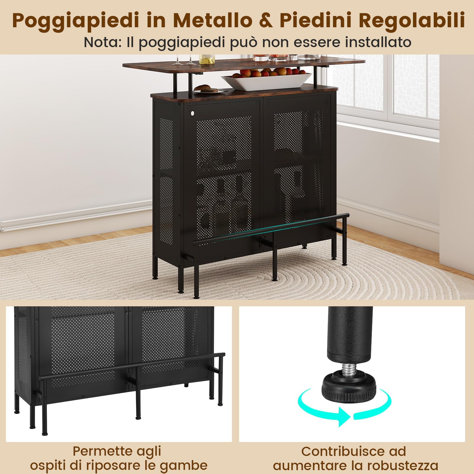 COSTWAY Mobile Portabottiglie a 4 Livelli, Portabottiglie per Vino da Terra con 2 Ripiani Porta Vini e Porta Calici, per Cantine, Sala da pranzo e Cucina (Naturale, 120 x 50 x 106,5 cm)